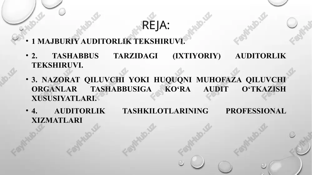 ori bir yilda mahsulot (ish, xizmat)lar sotishdan olingan yalpi tushum miqdori (qqs bilan birga) eng kam oylik ish haqi miqdorining 100 baravari eng kam oylik ish haqi miqdorining 500 baravarigacha eng kam oylik ish haqi miqdorining 300 baravari 500 baravaridan 15 ming baravarigacha eng kam oylik ish haqi miqdorining 500 baravari 15 ming baravaridan ortiq «auditorlik faoliyati to‘g‘risida»gi qonunning 11-mod-dasiga muvofiq: «tashabbus tarzidagi auditorlik tekshiruvi xo‘jalik yurituvchi sub’yektning yoki boshqa auditorlik tekshiruvi buyurtmachilarining qaroriga binoan, qonun hujjat-larida nazarda tutilgan tartibda o‘tkazilishi mumkin. tashabbus tarzidagi auditorlik tekshiruvining predmeti, muddatlari va boshqa shartlari auditorlik tekshiruvining buyurtmachisi bilan auditorlik tashkilotlari o‘rtasida tuziladigan auditorlik tekshiruvini o‘tkazish to‘g‘risidagi shartnomada belgilab qo‘yiladi». tashabbus tarzidagi auditorlik tekshiruvi o‘tkazishda xo‘jalik yurituvchi sub’yekt o‘z oldiga asosan quyidagilarni maqsad qilib qo‘yishi mumkin: buxgalteriya hisobini tashkil etishning amaldagi qonunchilikka muvofiqligini aniqlash; butun buxgalteriya hisobi tizimini yoki uning ayrim bo‘limlarining ahvolini nazorat va tahlil qilish; buxgalteriya hisobi bo‘yicha ish yuritishni tashkil etish; …