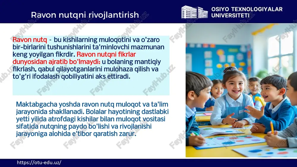 qotga kirishadi maxsus mashg'ulotlar suhbat va imitatsiya metodlari asosida o'tkaziladi dialogik nutq suhbat shaklida, ya'ni kattalar va bolalar o'rtasida fikr almashish oiladagi muloqot uyda kattalar bola bilan turli mavzularda dialogga kirishishi ta'lim tashkilotlarida o'qitish ikki shaklda amalga oshiriladi: erkin nutqiy muloqotda va maxsus mashg'ulotlarda. dialog ko'proq erkin nutqiy muloqotda paydo bo'ladi va u bolalar lug'atini boyitishning, talaffuzga oid grammatik ko'nikmalarini rivojlantirish bazasi hisoblanadi. maktabgacha ta'lim tashkilotlarida ravon nutqqa o'rgatish 5 dialogik va monologik nutq dialog ikki yoki bir necha so'zlovchining fikr almashinuvi monolog bir kishining izchil, mantiqiy nutqi rivojlanish dialog negizida monologik nutq shakllanadi dialog ikki yoki bir necha so'zlovchining biron-bir vaziyat bilan bog'liq mavzudagi fikrlarining almashinuvi bilan tavsiflanadi. dialogda sintaksik jihatdan sodda bo'lgan darak, undov, so'roq gaplar qo'llaniladi. monologik nutq esa dialogik nutq negizida shakllanadi va bolaning o'z fikrlari, his-tuyg'ulari, bilimlarini o'rtoqlashish istagi oqibatida vujudga keladi. 6 bolaning ijtimoiy va shaxs sifatida shakllanishida dialogning ahamiyati ijtimoiy rivojlanish dialog nafaqat …