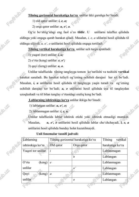 hlig‘idagi eng faol a’zo tildir. u unlilarni talaffuz qilishda oldinga yoki orqaga qarab harakat qiladi. masalan, i, e, a ulilarini hosil qilishda til oldinga siljiydi, u, o‘, o unlilarini hosil qilishda orqaga tortiladi. tilning vertikal harakatiga ko‘ra unlilar uch turga ajratiladi: 1) yuqori (tor) unlilar: i, u; 2) o‘rta (keng) unlilar: e, o‘; 3) quyi (keng) unlilar: a, o. unlilar talaffuzida tilning tanglayga tomon ko‘tarilishi va tushishi vertikal harakat sanaladi. bu harakat tufayli og‘izning ochilish darajasi har xil bo‘ladi. masalan, i, u unlilarini hosil qilishda til tanglayga yaqin turadi va og‘izning ochilish darajasi tor bo‘ladi; a, o unlilarini hosil qilishda esa til tanglaydan uzoqlashadi va til bilan tanglay o‘rtasidagi oraliq keng bo‘ladi. lablarning ishtirokiga ko‘ra unlilar ikkiga bo‘linadi: 1) lablangan unlilar: u, o‘, o; 2) lablanmagan unlilar: i, e, a. unlilar talaffuzida lablar ishtirok etishi yoki ishtirok etmasligi mumkin. masalan, u, o‘, o unlilarini hosil qilishda lablar cho‘chchayadi, i, e, …