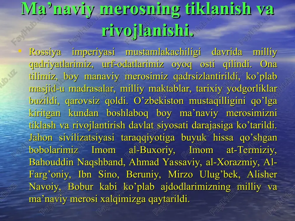ayyomlari keng nishonlanib yillarga nomlarini berish urfga aylandi. 1991 yili alisher navoiy tavalludining 550 yilligi keng nishonlandi. pushkin nomidagi adabiyot institutiga alisher navoiy nomi berildi; 1994 yil mirzo ulug'bek yili deb e'lon qilindi va uning 600 yilligi mamlakat va jahonda keng nishonlandi; 1992 yil may oyida namanganda ulug' ajdodimiz mashrabga bag'ishlab tadbirlar keng nishonlandi. bu shaharda uning nomi bilan ataluvchi katta istirohat bog'i barpo etildi; 1998 yil 24 oktabr kuni farg'onada ahmad al-farg'oniy tavalludining 1200 yilligi nishonlandi; 1999 yil 5 noyabrda xorazmda jaloliddin manguberdi tavalludining 800 yilligi nishonlandi; 1999 yil 17 dekabr kuni ogahiy tavalludining 190 yilligi nishonlandi; 1997 yilda buxoro va xiva shaharlarining 2500 yilligi nishonlandi; 1999 yil 6 noyabr kuni termizda «alpomish» dostonining 1000 yilligi keng nishonlandi. 2000 yilda hazrat a.navoiyning 560 yilligi yana ham kengroq nishonlandi. 2001 yilda xorazmda «avesto»ning 2700 yilligi keng nishonlandi. «avesto» kitobi dunyoga kelganidan buyon ilk marotaba o'zbek tiliga tarjima qilindi va nashr …