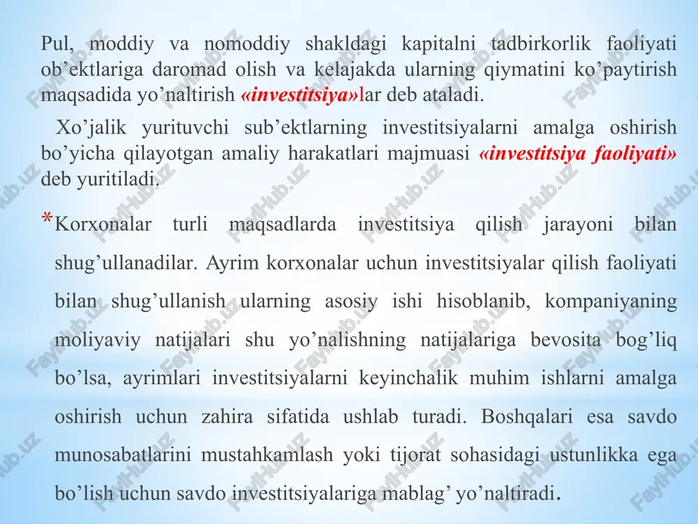 solish; investitsiya faoliyatini tegishli amortizatsiya siyosatini amalga oshirish orqali tartibga solish; moliyaviy investitsiyalarni amalga oshirishning shakl va shartlarini belgilash orqali tartibga solish; investitsiyalar himoyasini tashkil qilish. aktsiya (frants. action — farmoyish; ruxsatnoma, faoliyat) — aktsiyador jamiyat chiqargan qimmatbaho qog’oz. o’z egasining aktsiyadorlar jamiyati kapitalida hissasi borligini va shunga muvofiq, topilgan foydaning bir qismini dividend shaklida olishini, uni boshqarishda ishtirok etish huquqini tasdiqlaydi. aktsiya qimmatli qog’ozlarning keng tarqalgan qismi, hissabay qog’ozlar turkumiga kiradi. aktsiya chiqargan jamiyat emmitent, uni sotib olganlar esa investorlar deb ataladi. aktsiya dastlab emmitent tomonidan birlamchi bozorda sotiladi, so’ngra u ikkilamchi bozorda (fond bozorida) qaytadan oldi-sotdi etiladi. aktsiya bevosita emmitent yoki vositachilar tomonidan sotiladi. aktsiya davlat korxonalari aktsiyador jamiyatlarga aylantirilgan chog’da va yangidan aktsiyadorlar jamiyatlari tuzilgan paytda chiqariladi. aktsiya oddiy va imtiyozli turlarga bo’linadi. oddiy aktsiya dividend miqdori kafolatlanmagan, lekin aktsiyadorlar majlisida ovoz berish huquqini tahminlovchi aktsiya ; imtiyozli a. dividend oldindan belgilangan, lekin ovoz berish huquqini tahminlamaydigan …
