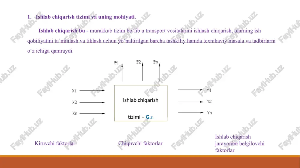 tirish talablari e'tiborga olinganligi bo‘lim va uchastkani texnik asoslash bo‘lim va uchastkani iqtisodiy asoslash talab taklif transport vosita elementlarini ishlab chiqarish bopligi, ular bo‘yicha ishlab chiqarish fondini mavjudligi va vaqt oralig‘idagi uning hajmining barqarorligi. transport vosita elementlarini ishlab chiqarish bo‘lim uchastkalarning texnologik ta’minoti – texnologik jarayonlar, jihoz va uskunalarning mavjudligi 1 2 3 loyiha bosqichlari asosiy loyiha yordamchi loyiha texnik loyiha ishchi loyiha loyihalash topshirig‘i va loyihalash oldi materiallari 4. yillik ish rejimi va vaqt fondi. yillik ishlab chiqarish rejasi va mehnat sig‘imi reja: yillik ish rejimi yillik vaqt fondi va uning turlari ishchining nominal va haqiqiy yillik vaqt fondlari ish joyi va jihozning yillik vaqt fondlari bo‘lim va uchastkalarning yilik ishlab chiqarish rejasi keltirilgan yillik ishlab chiqarish rejasi ishlab chiqarishning mehnat sig‘imi tayanch iboralar: ishlab chiqarish rejasi, keltirilgan yillik ish rejasi, mehnat sig‘imi, ish rejimi, yillik vaqt fondi, nominal va haqiqiy vaqt fondi, jihozdan foydalanish koeffitsienti. 1. yillik ish …