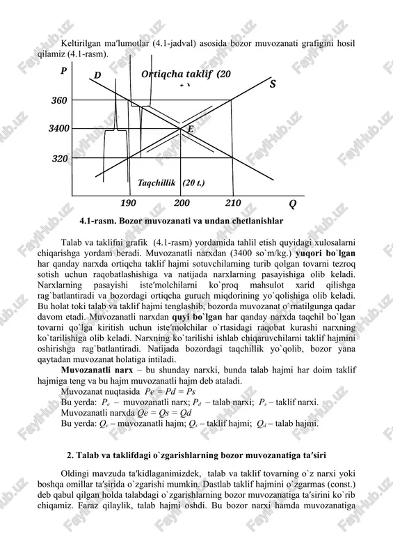 - bu tizimning shunday holatiki, agar unga birorta tashqi kuch ta′sir ko`rsatmasa, u o`zining holatini saqlab qoladi. talab va taklif modelida talab chizig`i (d) bilan taklif chizig`i (s) kesishgan nuqta (e nuqta) bozor muvozanatini bildiradi. demak, bozor muvozanati talab hajmi bilan taklif hajmining tengligini ta′minlaydigan narx darajasi va tovar miqdori bilan aniqlanadi. talab va taklif qonuniga tayanib shuni ta′kidlash mumkinki, berilgan vaqt oralig`ida bozor muvozanat holatida bo`lsa, u holda bu vaqt davomida tovar narxi yoki tovar miqdorini o`zgartirishga hech narsa sabab bo`lmaydi. keltirilgan ma′lumotlar (4.1-jadval) asosida bozor muvozanati grafigini hosil qilamiz (4.1-rasm). p s ortiqcha taklif (20 t.) d 3600 3400 e 3200 taqchillik (20 t.) q 210 200 190 4.1-rasm. bozor muvozanati va undan chetlanishlar talab va taklifni grafik (4.1-rasm) yordamida tahlil etish quyidagi xulosalarni chiqarishga yordam beradi. muvozanatli narxdan (3400 so`m/kg.) yuqori bo`lgan har qanday narxda ortiqcha taklif hajmi sotuvchilarning turib qolgan tovarni tezroq sotish uchun raqobatlashishiga va …