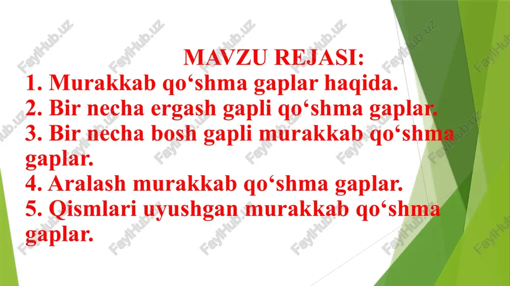 kelsa, xonu moni kul bo‘lur, o‘z yurtida pachaqlash ma’qul bo‘lur. ushbu gapda bitta shart gapdan keyin ketma-ket 2ta bosh gap qo‘llangan. butun dunyoga ma’lumki, siz ham shuni unutmangki, orolni asrash hammamizning burchimiz. ushbu gapda 3-qism ergash gap bo‘lib, oldinda qo‘llangan 2ta bosh gapni izohlab kelgan. aralash murakkab qo‘shma gaplar tarkibida ergashgan, bog‘langan yoki bog‘lovchisiz qo‘shma gaplar mavjud bo‘lgan gaplar aralash murakkab qo‘shma gaplar sanaladi. akang armiyadan kelsa, issiqxonani ishga solamiz, lekin sen esa akangga yordamchilik qilasan. ushbu gap 3ta qismdan iborat bo‘lib, 1- va 2- qismlar payt ergash gap + bosh gap shaklida, 2- va 3- qismlar esa zidlov munosabatli bog‘langan qo‘shma gap shaklida tuzilgan. qismlari uyushgan murakkab qo‘shma gaplar bir turdagi uch va undan ortiq gaplardan tashkil topgan gaplar qismlari uyushgan murakkab qo‘shma gaplar sanaladi: umrimning anchagina qismi harbiy ishlarda o‘tgan, men bu yerda hech qanday qiyinchilik tortmayman, lekin sog‘lig‘im o‘z hukmini o‘tkazib turibdi. ushbu gap 3ta qismdan iborat …