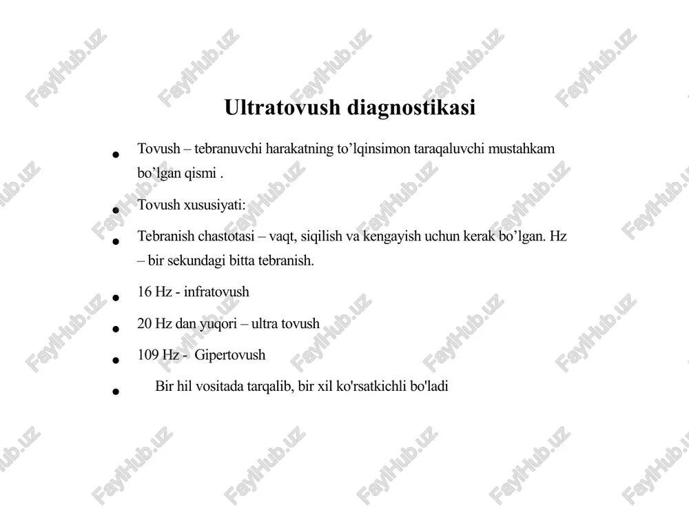bo'shlig'i a'zolarining ultratovush tasvirlarini olish va taxlil qilish. 4) ultratovush aralashuv va artefaktlar. savol no1 tabiatda ultratovush, tirik organizmlarga ultratovush ta'siri. ultratovush (20 khz) boshiga 20,000 tebranish siklidan bir chastotali bir o'rta tarqalayotgan mexanik tebranishlar hisoblanadi. ultratovushni ko'paytirish va sezish imkonini beruvchi sezgi a'zolarida yaroqchalar, delfinlar, balinalar, kelebeklar, chigirtka, chigirtka, kriket, qushlar va baliqlarning ba'zi turlari. o'rtacha dozalarda ultratovush to'qimalarning mikromassajiga (siqilish va cho'zilish) sabab bo'ladi, bu qon aylanishini yaxshilashga yordam beradi. ultratovush paytida metabolik jarayonlar faollashadi va organizmning immun xususiyatlari ortadi. uzoq va kuchli ta'sir qilish bilan ultratovush to'qima hujayralarini zararlanishga olib kelishi mumkin. ultratovushning zararlovchi ta'siri kavitasiyon effekt bilan bog’liq. bu ta'sir ultratovush tasir etganda, havoda mikropufakchalar paydo bo'lishi natijasida hosil bo’ladi. yuqori bosimli hududga ko'chib o'tayotganda bu pufakchalar yorilib ketadi, natijada mikroshok to'lqinlari va gipertermiya paydo bo'ladi. ultratovush diagnostikasida ishlatiladigan to'lqin uzunligi oralig'ida ultratovush tirik organizmlarga salbiy ta'sir ko'rsatmaydi. savol № 2 ultratovush diagnostikasining fizik-texnik jihatlari. ultratovush …