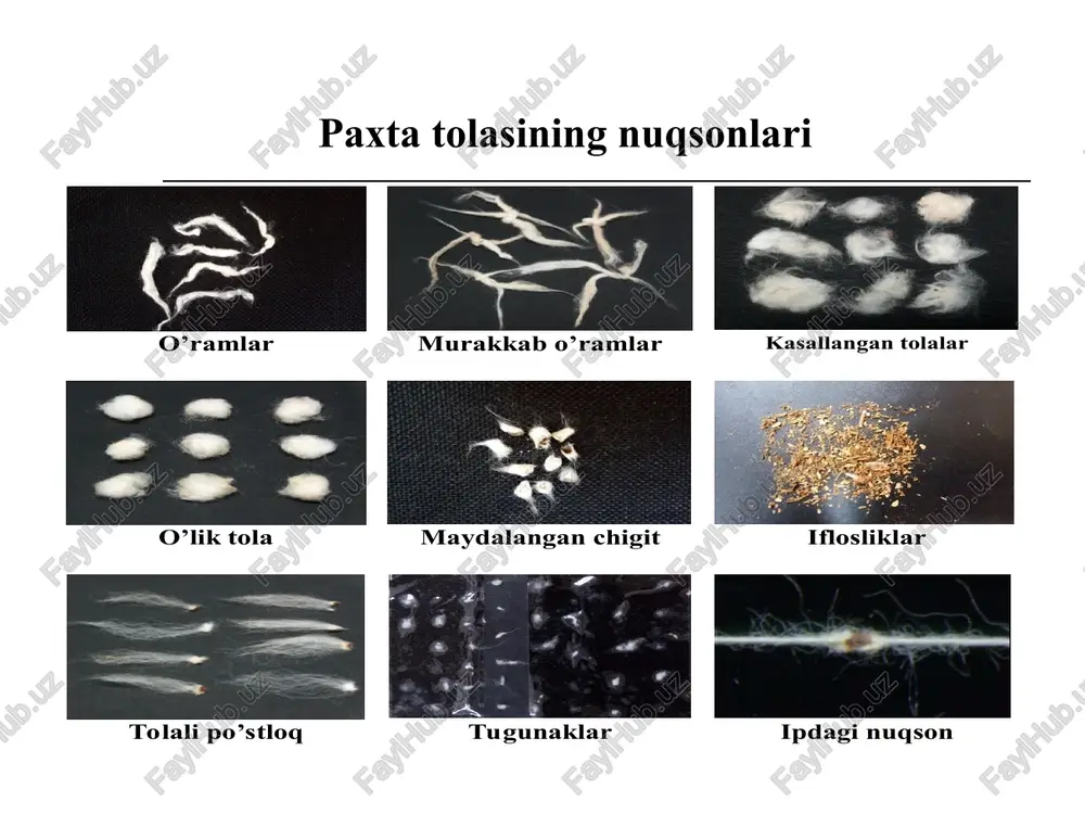 ali po’stloqqa aylanishi mumkin. o’lik tola (pishmagan chigit) – har hil kattalikdagi etilmagan tolali, pishmagan chigit. hvi da paxta tolasining iflosligini o’lchash natijalari quyidagi uchta o’lchovning raqamli tasvirida ifodalanadi: trash area, trash count va trash code yoki leaf. trash area (iflos aralashmalar maydoni) – namuna yuzasidagi iflos aralashmalar maydonini namuna joylashgan o’lchash darchasi maydoniga foizlardagi nisbati; trash count (iflos aralashmalar soni) – namunadagi diametri 0,01 dyuym (0,254mm.) va undan katta bo’lgan, alohida iflos zarrachalar soni; trash code yoki leaf (ifloslanganlik kodi) – iflos aralashmalar maydoniga bog’liq bo’lgan kod qiymati (10 area, misol uchun: area=0,37% bo’lsa, trash=4 bo’ladi). trash kodining qiymati klassyor tomonidan aniqlanadigan leaf kodidan farq qiladi. klassyor tomonidan aniqlangan leaf kodi va hvi da aniqlangan trash ko’rsatkichi orasidagi taxmin qilingan o’zaro bog’lanish quyidagi jadvalda keltirilgan. «uster hvi» asbobida olinadigan paxta tolasi sifati tavsiloti (ko‘rsatkichlari) t/r sifat tavsifi belgilanishi izoh o‘lchov birligi 1 yigiruvchanlikni barqarorlik indeksi spinning consistency index – …