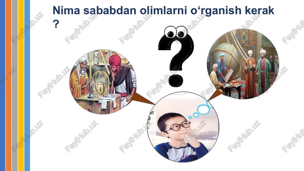 matematikprinsiplariniochadi,sharq musiqasiningritmikasosinidalillarbilansharhlaydivao‘zi yoqimlikuytaratuvchimusiqiyasboblaryaratadi; o«musiqahaqidakattakitob»nomlimashhurasarimusiqa nazariyasivainsonruhiyatigata’siribayonetilgan; osharqdamaʼlumboʻlganrubob,tanbur,nogʻora,naykabi musiqaasboblarihamdaulardakuyijroetishqoidalari tafsilotihozirgacha«musiqahaqidakattakitob»dan o‘rganiladi. “tabiiyfanlar” 6-sinf “mashqdaftari” 2-sinf mirzoulug‘bek 1394-1449-yy omarkaziyosiyomutafakkiri,sultoniyadatug’ilgan; oosmondagiyoritgich(yulduz)lar,ularningjoylashuviva balandliginiqandayaniqlashmumkin? okuzatishlar, izlanishlarorqalisamarqanddarasadxona qurdirganvaundasekstantasbobinio‘rnatgan. u janubdanshimoltomonmeridianchiziqlaribo‘ylab qo‘yilgan; o“zidjiy”(ulug‘bekning yulduzlar jadvali) tuzilgan, 1018tayulduzjoylashuvijudakattaaniqlikdabelgilangan; oovrupavaosiyokitobsaqlanuvchiomborlarda“zidjiy” ningo‘nlabqo‘lyozmalarimavjud,astronomlarva tarixshunoslaruchunkompasvazifasinio‘taydi.mazkur jadvalteleskopixtirosidanavvalgi,o‘rtaasrlarastronomiya faniningengyuqoripoyasibo‘ldi. “tabiiyfanlar” 2-sinf “tabiiyfanlar” 6-sinf aburayhonberuniy 973-1048-yy omarkaziyosiyomutafakkiri,xorazmdatugʻilgan. oqandayqilibqumaralasholtinzarralariorasidan temirzarralariniajratibolishmumkin? oyerdagiqimmatbahotoshlarvabaʼziminerallarning «moʻjizakorxususiyatlarini»o‘rgangan;yerdatabiiy magnitborliginianiqlaganvauni«ohanrabo»− «temirnitortuvchi»debatagan; o«geodeziya»sohasigaxissaqo‘shadivaalkimyoda qoʻllanilgangʻayriilmiyvaasossizuslublarnitanqid qildi; omagnit temirbuyumlarniko‘tarishda, tibbiyot apparatlarida, axborot texnologiyavaboshqa sohalardakengqo‘llaniladi. “tabiiyfanlar” 2-sinf “tabiiyfanlar” 6-sinf magnit "magnit"soʻziqadimgikichikosiyodagi magnesiyashahrinomidankelibchiqqan bo‘lib,temirnioʻzigatortadigantosh"magnit tosh"debnomlangan. tabiiy magnit kimyoviytarkibi: 31% feoi 69% fe2o3 tabiiymagnit keling, olimlargao‘xshabfikrlaylik! erkinfikrlash muammolisavol qiziqtirayotgansavol "men d