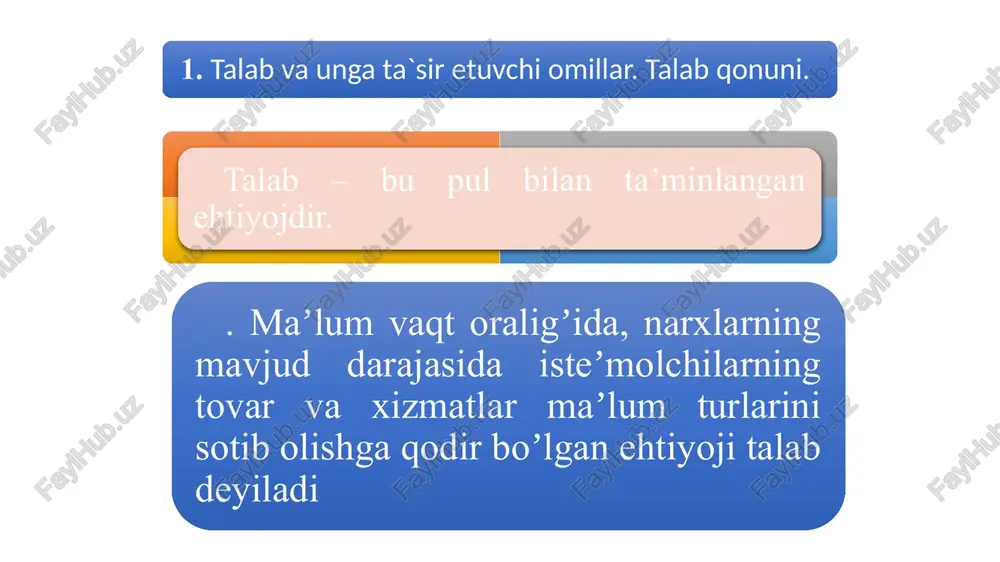 yanada ortishi holati ham uchraydi. bu holat giffen samarasi deb ataladi. talabga ta'sir etuvchi omillar narxga bog'liq omillar: muayyan tovarning narxi bir-birini to'ldiruvchi tovarlarning narxi o'rinbosar tovarlarning narxi kelajakda narxlarning o'zgarishi ehtimoli narxga bog'liq bo'lmagan omillar: iste'molchining didi bozordagi iste'molchilar soni iste'molchining daromadlari kelajakda daromadlarning o'zgarishi ehtimoli. daromad, ming so'm 10 20 50 60 30 40 70 80 90 100 0 1 2 3 4 5 6 7 8 tovar miqdori, dona engel egri chizig'i iste'molchilar daromadi va ular tomonidan sotib olinadigan tovarlar miqdori o'rtasidagi bog'liqlik nemis iqtisodchisi va statisti ernst engel (1821-1896) tomonidan chuqur tadqiq etilgan. shunga ko'ra, iste'molchi daromadi bilan u tomonidan sotib olinishi mumkin bo'lgan tovarlar miqdori o'rtasidagi o'zaro bog'liqlik engel qonuni deyiladi. 2. taklif va unga ta'sir etuvchi omillar. taklif qonuni maʼlum vaqt oraligʼidagi narxlarning muayyan darajasida ishlab chiqaruvchi yoki sotuvchilar tomonidan maʼlum turdagi tovar va xizmatlarning bozorga chiqarilgan miqdori taklif deyiladi. narx oʼzgarishi bilan sotishga …