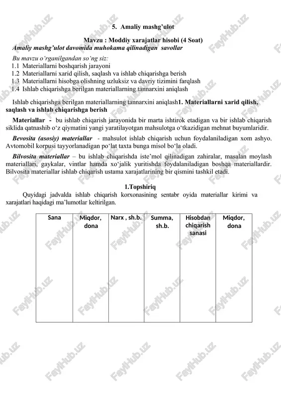 riq materiallarning xarid qilingan vaqti birlik miqdori birlikka xarajat, sh.b. umumiy xarajatlar sh.b. 3- martda 1000 4,00 7- martda 1500 4,20 12- martda 5000 4,40 29- martda 3500 4,75 bor zahiralar jami yil oxiriga zahiralar, b. - 6500 b yil oxiriga zahiralar sh.b. haqiqatda materiallar tannarxi ______ sh.b. minus:davr oxiridagi zahira ______ sh.b. ishlab chiqarishdagi materiallarning tannarxi(fifo, lifo, aveco (davriy)) ______ sh.b. 3.topshiriq 3-1. “baxmal corp” ok kompaniyasi 2023-yilning martida foydalaniladigan xom ashyoni bir turi bo‘yicha quyidagi operatsiyalarni amalga oshirdi: 1- martda zahira 90 birlik 1 birlikka 10 sh.b. 4- martda sotib olingan 110 birlik 1 birlikka 11 sh.b. 7- martda foydalanilgan 70 birlik 10- martda sotib olingan 50 birlik 1 birlikka 12 sh.b. 15- martda foydalanilgan 120 birlik 1 6- martda sotib olingan 173 birlik 1 birlikka 10 sh.b. 23- martda foydalanilgan 34 birlik 24- martda foydalanilgan 95 birlik 25- martda sotib olingan 45 birlik 1 birlikka 12 sh.b. …
