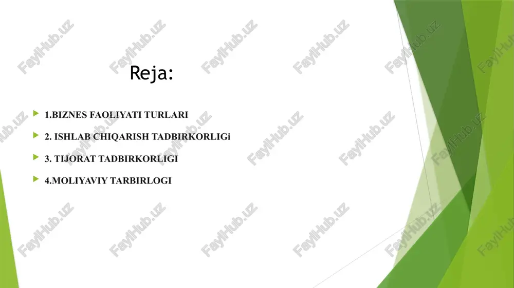 iy moyilligi orqali belgilanadi. dastlab marketing tadqiqotlari o‘tkaziladi, bozor o‘rganiladi, taklif etiladigan tovarning qay darajada iste’molchiga zarurligi, talabning darajasi va o‘zgarishi, talab darajasiga ta’sir ko‘rsatuvchi omillar, taxminiy xarajatlar va sotish hajmlari aniqlanadi. tijorat tadbirkorligi aytaylik, sizda ishlab chiqarish tadbirkorligi uchun yetarli resurs bo‘lmasligi mumkin. u holda siz ishlab chiqarish resurslari kabi katta ehtiyoj talab etmaydigan, ko‘proq aylanma mablag‘lar yetakchi o‘rin tutadigan tijorat tadbirkorligi bilan shug‘ullanishingiz mumkin tijorat tadbirkorligi – tovar-pul munosabatlari va savdo-ayirboshlash operatsiyalariga, ya’ni tovar va xizmatlarni qayta sotishga asoslangan faoliyat chakana va ulgurji savdo, turli mol-mulklar, shu jumladan ko‘chmas mulklar savdosida vositachilik qilish tijorat tadbirkorligiga misol bo‘la oladi. tijorat tadbirkorligida tovarni sotish narxi uning xarid narxidan yuqori bo‘lishi asosiy qoida hisoblanadi. shunga ko‘ra, tijorat tadbirkorligini amalga oshirishdan avval bozor holati puxta tahlil qilinadi. moliyaviy tadbirkorlik siz, shuningdek, maxsus bilim va ko‘nikmalar talab qiluvchi moliyaviy tadbirkorlik turi bilan ham shug‘ullanishingiz mumkin. moliyaviy tadbirkorlik – pul va qimmatli qog‘ozlar oldi-sotdisi …