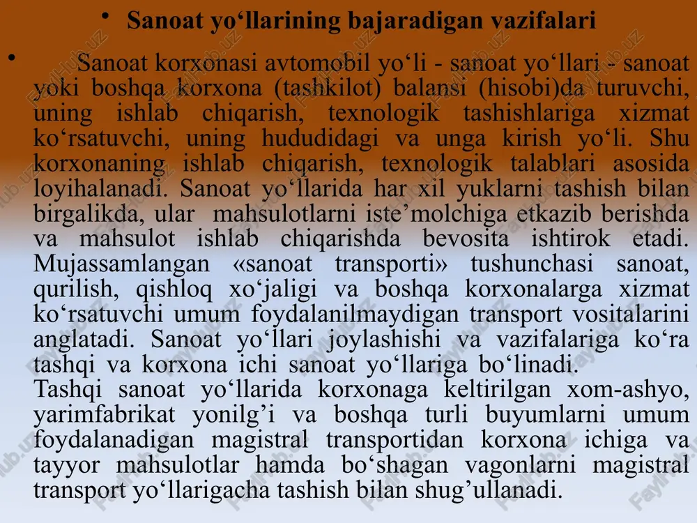 m gacha - 30%, 5-10 km gacha - 6%, 10 km dan ortiq - 6%. qazib oluvchi sanoat yo‘llari ishida temir yo‘l transporti va avtomobil transporti keng qo‘llaniladi: temir yo‘l transporti toshko‘mir ochiq konlarida, avtomobil transporti - rangli metall va tog’-kimyo, xom-ashyosi konlarida qo‘llaniladi. sanoat yo‘llarini rivojlantirishning asosiy yo‘nalishlaridan biri konveyer yo‘llarini rivojlantirishdir. sanoat avtomobil yo‘llari tasnifi: yuk tig’izligi bo‘yicha - 1 mln.t. netto bir yilda va undan ko‘p - iii p - turkum. 1 mln.t. netto bir yilda - iv p turkum. engil avtomobilga keltirilgan harakat miqdoriga qarab: 2000 avt./sut va ko‘p - iii p. 2000 avt./sut dan kam. -iv p. turkum kon yo‘llari kon yo‘llari sanoat korxonalari konlarida, ochiq yoki yopiq turdagi karerlarida quriladi va foydalaniladi. kon yo‘llaridan maxsus konlarda ishlovchi texnikalar harakatlanadi. o‘zbekistonda navoiy, angren, olmaliq tog’ metallurgiya kombinatlarida kon yo‘llaridan foydalaniladi. sanoat korxonalari kon yo‘llari ikki xil ko‘ndalang kesimda loyihalanadi: suv qochirish tizimi yopiq tarzda – …