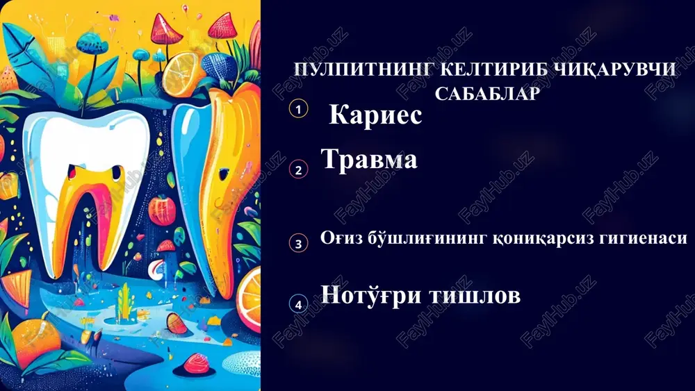 ussiyasi tish shifokori uning sezgirligini tekshirish uchun tishni urishi mumkin. tegish uchun og'riqli reaktsiya pulpa yallig'lanishini ko'rsatishi mumkin. 5 pulpitni o'z vaqtida davolashning ahamiyati erta bosqich dastlabki bosqichlarda pulpitni konservativ davolash mumkin, masalan, muhrni to'ldirish yoki kiritish orqali. ushbu davrda davolanish kamroq og'riqli va qimmatga tushadi. davolash kechiktirilgan bosqich agar pulpit boshlangan bo'lsa, kanalni davolash talab qilinishi mumkin, bu murakkabroq va tish shifokoriga bir necha bor tashrif buyurishni talab qilishi mumkin. bundan tashqari, davolash kechiktirilganida pulpit periodontit, abtsess va tishlarning yo'qolishi kabi asoratlarga olib kelishi mumkin. asoratlar pulpitni o'z vaqtida davolashning etishmasligi jiddiy asoratlarga, shu jumladan infektsiyaning qo'shni tishlarga, suyak to'qimalariga tarqalishiga, shuningdek sog'lig'ining umumiy yomonlashishiga olib kelishi mumkin. 6 7 8 pulpitning patogenezi 1 1 bosqich: qattiq to'qimalarning shikastlanishi pulpitning patogenezi tishning qattiq to'qimalariga, ko'pincha karies bilan zararlanishidan boshlanadi. emal va dentinga kiradigan bakteriyalar yallig'lanish jarayonini keltirib chiqaradigan toksik moddalarni chiqaradi. 2 2 bosqich :pulpaning yallig'lanishi yallig'lanish jarayoni pulpa …