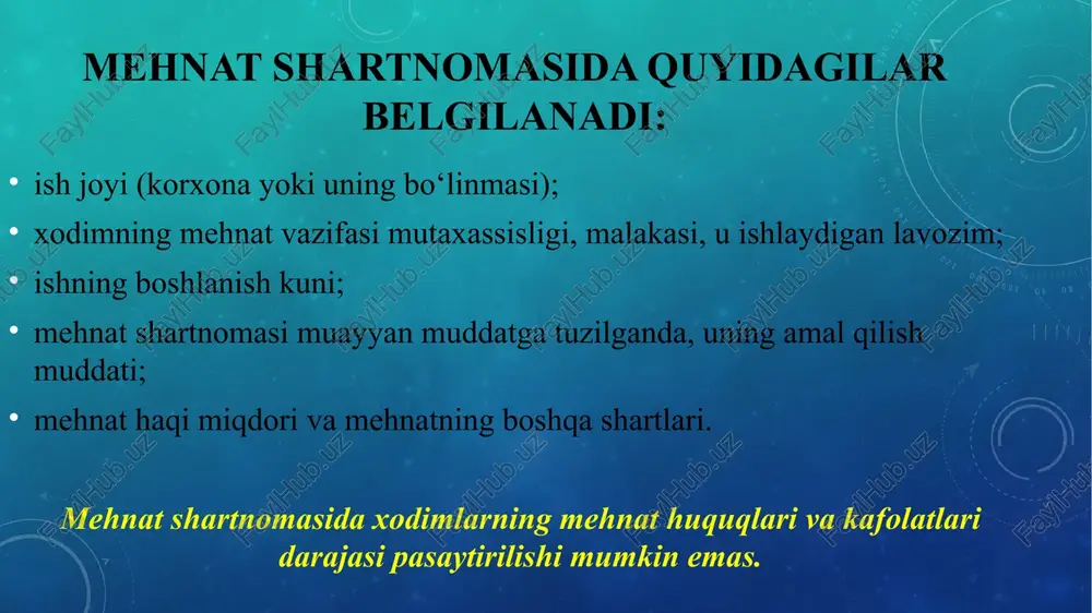 ahsulot, xizmatlar) hajmining qisqarganligi. mehnat shartlaridagi o‘zgarishlar haqida xodim kamida 2 oy oldin yozma ravishda ogohlantirilishi va tilxat olinishi shart. mazkur muddat xodimning roziligi bilan qisqartirilishi mumkin. mehnat shartnomasida shartlashib olinmagan ish joyini o‘zgartirishni xodim bilan kelishish talab qilinmaydi. boshqa ishga o‘tkazish: mehnat shartnomasida belgilab qo‘yilgan ishni davom ettirishning imkoni bo‘lmagan hollarda xodimga boshqa mutaxassislik, malaka, lavozimga oid ishni topshirishga faqat uning roziligi bilan yo‘l qo‘yiladi; xodimning boshqa ishga o‘tkazish haqidagi iltimosi (bunday ish korxonada mavjud bo‘lsa); vaqtincha boshqa ishga o‘tkazish uchun uzrli sabablar ro‘yxati jamoa shartnomasida, jamoa shartnomasi bo‘lmasa ish beruvchi tomonidan xodimlarning vakillik organi bilan kelishib belgilanadi; ishlab chiqarish zaruriyati yoki bekor turib qolinishi munosabati bilan xodimni uning roziligisiz vaqtincha boshqa ishga o‘tkazish mumkin. bunday holda xodim sog‘lig‘iga to‘g‘ri kelmaydigan ishga o‘tkazilishi mumkin emas. mehnat shartlarini o‘zgartirish, shuningdek ish joyini o‘zgartirish ish beruvchining buyrug‘i bilan rasmiylashtiriladi. image2.png image4.png image3.png image5.png image6.png image7.png image8.png image9.png /docprops/thumbnail.jpeg