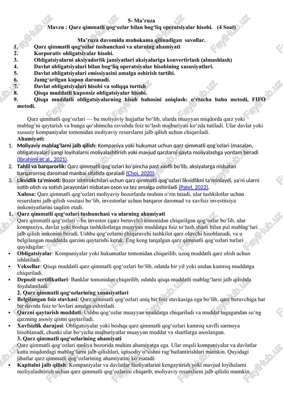 storlar uchun barqaror daromad va xavfsiz investitsiya imkoniyatlarini taqdim etadi. 1. qarz qimmatli qog‘ozlari tushunchasi va ularning ahamiyati qarz qimmatli qog‘ozlari – bu investor (qarz beruvchi) tomonidan chiqarilgan qog‘ozlar bo‘lib, ular kompaniya, davlat yoki boshqa tashkilotlarga muayyan muddatga foiz to‘lash sharti bilan pul mablag‘lari jalb qilish imkonini beradi. ushbu qog‘ozlarni chiqaruvchi tashkilot qarz oluvchi hisoblanadi, va u belgilangan muddatda qarzini qaytarishi kerak. eng keng tarqalgan qarz qimmatli qog‘ozlari turlari quyidagilar: · obligatsiyalar: kompaniyalar yoki hukumatlar tomonidan chiqarilib, uzoq muddatli qarz olish uchun ishlatiladi. · veksellar: qisqa muddatli qarz qimmatli qog‘ozlari bo‘lib, odatda bir yil yoki undan kamroq muddatga chiqariladi. · depozit sertifikatlari: banklar tomonidan chiqarilib, odatda qisqa muddatli mablag‘larni jalb qilishda foydalaniladi. 2. qarz qimmatli qog‘ozlarining xususiyatlari · belgilangan foiz stavkasi: qarz qimmatli qog‘ozlari aniq bir foiz stavkasiga ega bo‘lib, qarz beruvchiga har bir davrda foiz to‘lovlari amalga oshiriladi. · qarzni qaytarish muddati: ushbu qog‘ozlar muayyan muddatga chiqariladi va muddat …