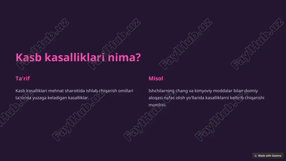 nafas olish organlari himoyasi chang, gaz, bug'lardan himoya qilish. qo'llarni himoya qilish zararli kimyoviy moddalar va mexanik shikastlanishlardan himoya qilish. * ishchi joylarni sanitariya talablariga moslash 1 havoni tozalash ventilyatsiya tizimini o'rnatish. 2 yorug'lik yaxshi yorug'lik darajasini ta'minlash. 3 shovqin darajasini kamaytirish shovqinni yutadigan materiallarni qo'llash. 4 xavfsiz mehnat sharoitlarini yaratish mexanik va elektrotexnika xavfsizligini ta'minlash. * jamoada o'zaro hurmat va yaqinlikni shakllantirish 1 o'zaro muloqot ochiq va samimiy muloqotni rag'batlantirish. 2 hamkorlik birgalikda ishlash va bir-birini qo'llab-quvvatlash. 3 hurmat har bir ishchining fikri va xavfsizligi muhimligini anglash. * sog'lom hayot tarzi *