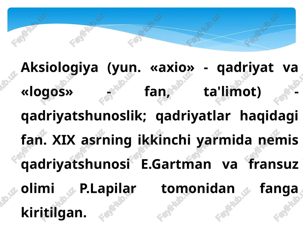 ksiologiyaning muhim vazifalari sifagida quyidagilarni aniqlashga imkon beradi: qadriyatlar nazariyasi nuqtai nazaridan pedagogika nazariyasi ta’lim amaliyotining tarixiy rivojini tahlil etish; ta’limni aksiologik yo‘nalganligini aks ettiruvchi ta’limning qadriyagli asoslarini aniqlash; milliy ta’lim mazmuni va rivojlaiish strategiyasini aniqlashga doir qadriyatli yondashuvni ishlab chiqish. nazorat uchun savollar: 1. «pedagogik aksiologiya» tushunchasiga ta’rif bering. 2. pedagogik aksiologiya fanining predmetini nima tashkil etadi? e‘tiboringiz uchun raxmat image2.gif /docprops/thumbnail.jpeg