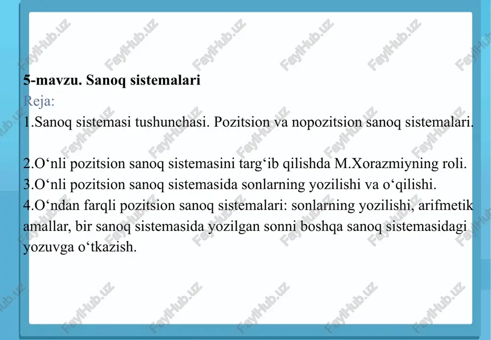 shishidan qat’i nazar, doim bir xil ma’noni anglatadi. bunday sanoq sistemalari nopozitsion sanoq sistemalari deb yuritiladi. rim sanoq sistemasi nopozitsion sanoq sistemasiga misol bo‘ladi. i, ii, iii, v, x, l, c, d, m kabi belgilar yordamida yozish rimliklar tomonidan kiritilgan bo'lib, sonlar i — bir, ii — ikki, iv — to‘rt, vi — olti, xi — o‘n bir, xl — qirq, xc — to‘qson va hokazolar ko‘rinishda yozilgan. rim sanoq sistemasida bir (1) besh (5) o‘n (10) ellik (50) yuz (100) besh yuz (500) ming (1000) – – – – i belgi bilan; v belgi bilan; x belgi bilan; l belgi bilan; c belgi bilan; d belgi bilan; m bilan belgilanadi. masalan, xxxix — o‘ttiz to‘qqiz, bunda, x belgi barcha o'rinlarda o ‘nni, i belgi esa birni anglatadi. rim sanoq sistema­sida kichik qiymat bildiruvchi belgi katta qiymatli belgidan oldin (chapda) yozilsa, sonning qiymati belgilar qiymatlarini ayirib topilgan, agar belgilar qiymatlari …