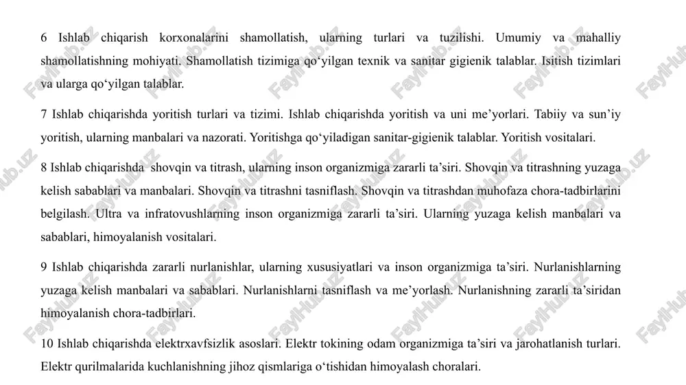 i. ularning yuzaga kelish manbalari va sabablari, himoyalanish vositalari. 9 ishlab chiqarishda zararli nurlanishlar, ularning xususiyatlari va inson organizmiga ta’siri. nurlanishlarning yuzaga kelish manbalari va sabablari. nurlanishlarni tasniflash va me’yorlash. nurlanishning zararli ta’siridan himoyalanish chora-tadbirlari. 10 ishlab chiqarishda elektrxavfsizlik asoslari. elektr tokining odam organizmiga ta’siri va jarohatlanish turlari. elektr qurilmalarida kuchlanishning jihoz qismlariga o‘tishidan himoyalash choralari. odamning tok urishi holati ham to‘rt darajaga bo‘linadi: 1−darajada odam xushini yo‘qotmaydi, mushaklar qisqarmaydi; 2− darajada odam mushaklari qisqaradi, xushini yo‘qotadi; 3−darajada odam nafas olish, yurak faoliyati buziladi, xushini yo‘qotadi; 4−darajada odamni tok urish bilan qon aylanishi va nafas olishi to‘xtab, klinik o‘lim yuz beradi. (misol: o‘tgan asrning 75 yillarida 4 asda chilangar andreev xar kuni yuvinish poroshogini elektr tarkatuvchi shit tagiga yashirib qo‘yarkan, bir kuni 380 v tok urgan va u xalok bo‘lgan). inson tanasidan o‘tayotgan tok kuchi, tok bilan tana qismining tekkan−kontakt bo‘lgan joyining yuzasiga, yuza qancha katta bo‘lsa tana −teri qarshiligi …