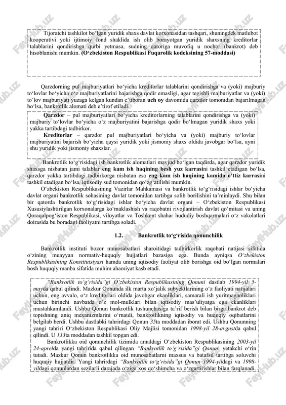 yektlar o‘rtasida vujudga keladigan munosabatlarni tartibga solish mexanizmi bo‘lib bankrotlik instituti ham shakllana boshladi. sud tomonidan yakka tadbirkorni bankrot deb topishning yoki yakka tadbirkor o‘zini bankrot deb e’lon qilishining asoslari va tartibi qonun bilan belgilanadi. bankrotlik (iqtisodiy nochorlik) – iqtisodiy sud tomonidan e’tirof etilgan, qarzdorning pul majburiyatlari bo‘yicha kreditorlar talablarini to‘la hajmda qondirishga va (yoki) majburiy to‘lovlar bo‘yicha o‘z majburiyatini to‘la hajmda bajarishga qodir emasligidir (“bankrotlik to‘g‘risida”gi qonunning 3-moddasi). yuridik shaxsning bankrot deb hisoblanishi uning tugatilishiga olib keladi. tijoratchi tashkilot bo‘lgan yuridik shaxs, shuningdek matlubot kooperativi yoki ijtimoiy fond shaklida ish olib borayotgan yuridik shaxs bankrotlik alomatlari mavjud bo‘lgan taqdirda o‘zini bankrot deb topish to‘g‘risidagi ariza bilan sudga murojaat etishi mumkin. bankrotlikning asosiy belgilari o‘zgardi, yuridik shaxs va yakka tartibdagi tadbirkorlarning nochorligi tushunchalari bir-biridan farqlandi. mazkur o‘zgartirishlarni hayotning o‘zi, iqtisodiyotda ro‘y berayotgan islohotlar taqozo etmoqda. shuning uchun bankrotlik instituti bozor iqtisodiyotiga o‘tayotgan har qanday mamlakat davlat huquqiy tuzilishining uzviy bo‘g‘ini …