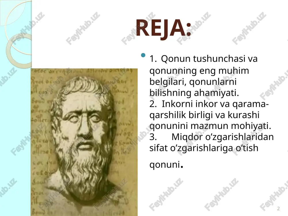 boshqa voqea yoki hodisalardan alohida, ular bilan bobliq, o'zaro aloqadorlikda va ta'sirda bo'lmagan birorta ham voqea yoki hodisa mavjud emas. demak, o'zaro boblanish va ta'sir natijasida narsa-hodisalarda o'zgarish sodir bo'ladi. lekin, barcha o'zgarishni har doim ham birdaniga, yaqqol sezish mumkin emas. chunki olamning namoyon bo'lishi turli darajada bo'lganligi sababli, o'zgarishlar ham turlichadir. * «harakat» tushunchasi «borliq falsafasi» mavzuida yoritilganligi sababli, bu yerda uning quyidagi qisqa ta'rifi bilan cheklanamiz: harakat deb olamdagi har qanday o'zgarishga aytiladi. rivojlanish tushunchasi esa quyidan yuqoriga, oddiydan murakkabga tomon ilgarilab boruvchi harakatni ifodalaydi. lekin bu jarayon goh to'bri chiziqli, goh asta-sekin kengayib boradigan spiralsimon shakldagi harakatdan iborat bo'lishi mumkin. bunda doimiy bir tomonga, masalan, vaqtning o'tmishdan kelajakka tomon o'tishi ham, lekin makonda voqea va hodisalarning takrorlanishi, zamonda orqaga qaytishlar ham sodir bo'lib turadi. ba'zida taraqqiyotning ma'lum bir bosqichida oldingi bosib o'tilgan davr takrorlangandek bo'ladi, ammo bu ilgarigidan farq qiladigan, boshqacharoq tarzdagi takrorlanishdir. * qonun tushunchasi. dunyoning …