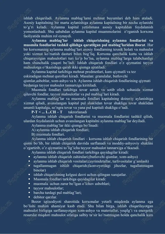 kumir sanoatida 33% ni tashkil etadi. aylanma fondlarning tarkibi fakat tarmoklarda emas, korxonalarda xam bir-biridan farq kilishi mumkin. bu ishlab chiqarishning texnikaviy darajasiga, joriy etilayotgan texnologiyaning usuliga, yo‘liga, korxonani ixtisoslashish darajasiga, ishlab chiqarish jarayonining davomiyligiga, ishlatiladigan materiallarning tarkibiga bog‘liq. aylanma fondlarning tarkibini iqtisodiy taxlil etish va ularning tarkibiga ta’sir etuvchi omillarni aniklash xamda ularning ta’sir kuchi natijalarini topish, tarmoklar va korxona tarakkiyotini belgilashga katta yordam beradi. aylanma fondlarning tarkibini aniklash, ulardan foydalanishni yaxshilash yo‘llarini belgilash uchun moddiy balanslar tuziladi. bu balanslar xar bir tarmok ikkinchi tarmokka qanday buyumlar yetkazib berishini tavsiflaydi. sanoat korxonaga ishlab chiqarishni amalga oshirish uchun asosiy vositalar bilan birga aylanma mablag’lar ham kerak bo’ladi. aylanma mablag’lar asosan korxonaning hisob raqamida pul ko’rinishida jamg’ariladi. tovar, xom-ashyo, materiallar, yoqilg’i, yem-xashak, mineral o’g’itlar va boshqa mablag’lar negizida ishlab chiqariladi. aylanma mablag’larni mehnat buyumlari deb ham ataladi. asosiy kapitalning bir marta aylanishiga aylanma kapitalning bir necha aylanishi to’g’ri keladi. aylanma kapital …