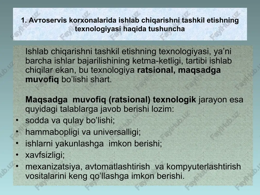 yuvish va tozalash avtomobillarni qabul qilish, ishlab chiqarish joylariga yo’naltirish va mijozlarga qaytarish txk va mayda ta’mirlash postlari joriy ta’mirlash va agregatlarni almashtirish postlari agregat va detallarni ta’mirlash ustaxonalari kafolatli va sotish oldi txk joyi txk va ta’mirlash sifati nazorati maxsus diagnos-tika uchastkasi atxks larida texnik xizmat ko’rsatish (txk) va ta’mirlash ishlari ishlab chiqarish binosining maxsus jihozlangan ishchi postlari va ustaxonalarida bajariladi. avtomobillarning o’zida bajariladigan ishlar post ishlari deb ataladi va maxsus postlarda bajariladi. avtomobillardan chiqarib olingan agregatlar, asbob-uskunalar, priborlar, qismlar esa maxsus ustaxonalarga keltirilib ta’mirlanadi va sozlanadi. avtomobillarni qabul qilib olish maxsus hujjat «avtoservis korxonalarida avtomobillarni xizmatga qabul qilish va egasiga topshirish qoidalari» asosida amalga oshiriladi. shu maqsad uchun korxonada maxsus jihozlangan post (ko’targichli yoki estakada) ajratiladi. servisga kelgan buyurtmachi - mijoz avtomobilning texnik pasporti va o’zining shaxsiy hujjatlariga ega bo’lishi lozim. yo’l transport hodisasi natijasida shikastlanib qolgan avtomobilning texnik pasportida bu haqda davlat avtomobil inspeksiyasining belgisi yoki maxsus …