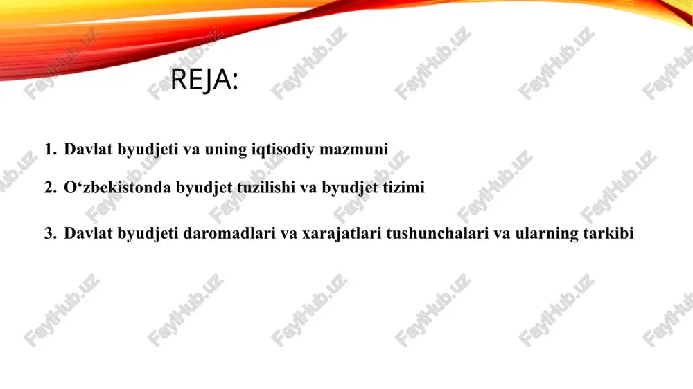atilishi ustidan davlat nazoratini o‘rnatilishini nazarda tutadi byudjet funksiyalari byudjetning uch asosiy holati farqlanadi: taqchillik, profitsit va mutanosib holat. taqchillik byudjet xarajatlarining daromadlardan oshib ketishi (byudjetning salbiy saldosi) byudjet taqchilligini anglatadi. profitsit byudjet daromadlarining xarajatlardan oshib ketishi (byudjetning ijobiy saldosi) byudjet profitsitini anglatadi. mutanosib holat mutanosib byudjet – xarajatlar va daromadlar summasi bir-biriga teng bo‘ladi. iqtisodiy nazariyada byudjet taqchilligi yoki profitsiti umumiy xarajatlar hajmidan 1 foizga oshib ketmasa, bunday byudjet mutanosib deb hisoblanadi. 5.2. o‘zbekistonda byudjet tuzilishi va byudjet tizimi byudjet tuzilishi – bu byudjet tizimini tashkil etish, uni tuzish printsiplari. byudjet tuzilishi davlat byudjeti va mamlakat byudjet tizimining tashkil etilishini, uning alohida bo‘g‘inlari o‘rtasidagi o‘zaro munosabatlarni, byudjet tizimiga kiruvchi byudjetlarning faoliyat yuritishi huquqiy asoslarini, byudjetlarning tarkibi va tuzilishini, byudjet mablag‘larini shakllantirish va ulardan foydalanish tartib-tamoyillari va hokazolarni belgilaydi. byudjet tuzilishi davlat byudjeti va mamlakat byudjet tizimining tashkil etilishini, ularning alohida bo‘g‘inlari o‘rtasidagi o‘zaro munosabatlarni, byudjetlarning tarkibini belgilaydi. byudjet tuzilishining …