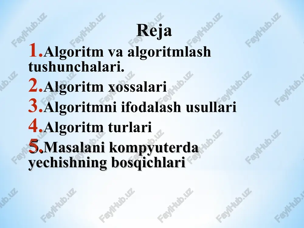 orlanish yuz beradigan jarayonlarga aytiladi. masalani kompyuterda yechishning quyidagi bosqichlari mavjud masalani qo’yilishi masalani matematik modelini tuzish; hisoblash algoritmini ishlab chiqish; dasturlash tilida algoritmga mos dastur tuzish; dasturni kompyuter xotirasiga kiritish va natija olish; oingan natijalarni tahlil qilish.