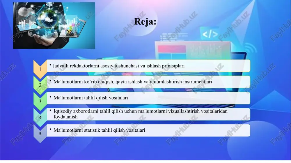 oki qatorlar kengligini o`zgartirishimiz mumkin. yacheyka o`z adresiga ega bo`lib, u ustun belgisi va qator nomeri bilan aniqlanadi. excel dasturini ishga tushirish ms exsel dasturi oynasi excel dasturi ishga tushirilganda ekranda word oynasiga o`xshash oyna ekranda paydo bo`ladi. oynaning eng yuqori satri «sarlavxa» satri deyilib, unda elektron jadvalning piktogramma belgisi, nomi va ish kitobi nomi (list microsoft excel - microsoft excel) keltiriladi: keyingi satr «bosh menyular» satri deyiladi va u word bosh menyusiga juda o`xshash. bu satrda joylashgan menyularning har biri o`z menyu osti buyruqlariga ega bo`lib, ular worddagi kabi ma'lum bir funktsiyalarni bajaradi. bosh menyular satri ostida instrumentlar panellari joylashgan. har bir instrument bosh menyular bo`yicha saralanib chiqilgan bo`lib, microsoft excel 2010 dasturidagi interfeys ishni tez bajarishda juda qulay. “sozdat” “sozdat” funksiyasi orqali biz yangi prezentatsiya (hxujjat) yaratishimiz mumkin. buning uchun “fayl”-“sozdat”-“novaya kniga” buyruqlarini bajarib, “sozdat” tugmasini bosishimiz kerak bo`ladi. “pechat” “pechat” funksiyasi yordamida hujjatni qog`ozga printer orqali chiqarish …