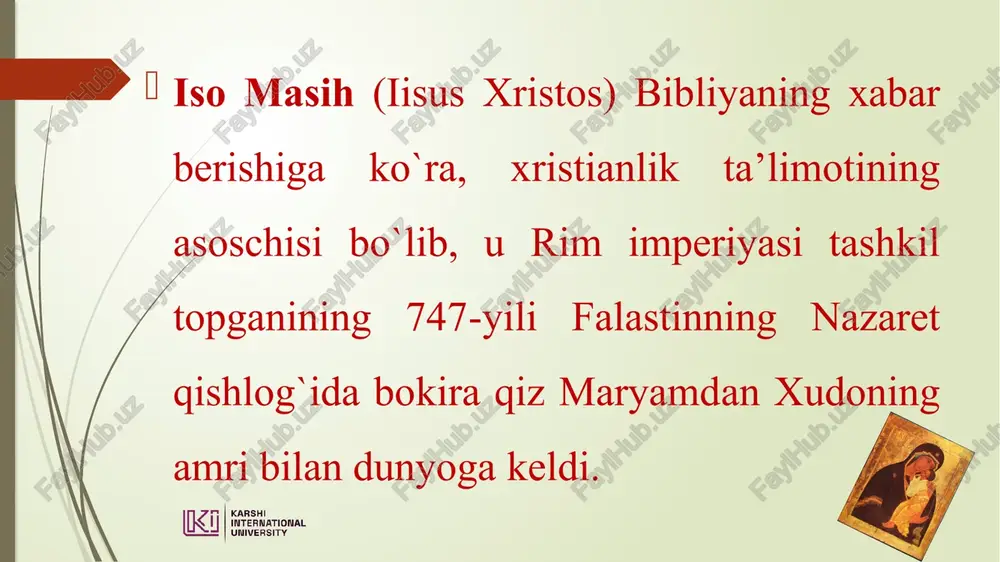 tasavvurlarni e’tirof etadi. martin lyuter germaniyada katolik oqimiga qarshi kurashgan, cherkovni isloh qilishni talab qilgan. foydalanilgan adabiyotlar: 1. muratov d., alimova m., karimov j. dinshunoslik, darslik. toshkent, «navro‘z» nashriyoti, 2019. 2. raximdjanov d., ernazarov o. dinshunoslikka kirish. o’quv qo’llanma. t.: «o’zbekiston faylasuflari milliy jamiyati» nashriyoti, 2018. 3. isoqjonov r. qiyosiy dinshunoslik. o‘quv qo‘llanma. - t.: ooo «complex print», 2020. 4. kamilov d. dinshunoslik. o’quv qo’llanma. - t.: lesson press, 2021. 5. shermuxamedova n.a.diniy fanatizm fenomeni//inson falsafasi.t.: noshir, 2016. e’tiboringiz uchun rahmat! image1.png image2.jpeg image3.jpeg image4.jpeg image5.jpg image6.png image7.jpg image8.jpg image9.jpg image10.jpg /docprops/thumbnail.jpeg