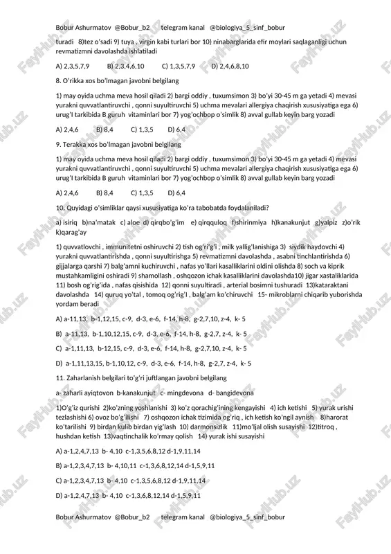 rgacha yetadigan tangachabargli ko’p yillik o’simlik 2) 30-40 m ga yetadigan , 5-7 sm li ninabargli yorug’sevar daraxt 3) juda sekin o’sadi , ming yillar yashaydi 4) yog’ochsimon qattiq qubbamevasi namlik yuqori bo’lganda tangachalarini yopib urug’ni himoya qiladi 5) mum bilan qoplanganligi suv kam bug’latishi uchun 6) qanotchali mevaga ega 7) barglari galma galdan almashinib turadi 8)tez o’sadi 9) tuya , virgin kabi turlari bor 10) ninabarglarida efir moylari saqlaganligi uchun revmatizmni davolashda ishlatiladi a) 2,3,5,7,9 b) 2,3,4,6,10 c) 1,3,5,7,9 d) 2,4,6,8,10 7. quyidagi ma’lumotlardan foydalanib qarag’ayga xos bo’lgan xususiyatlarni juftlang 1) bo’yi 20 metrgacha yetadigan tangachabargli ko’p yillik o’simlik 2) 30-40 m ga yetadigan , 5-7 sm li ninabargli yorug’sevar daraxt 3) juda sekin o’sadi , ming yillar yashaydi 4) yog’ochsimon qattiq qubbamevasi namlik yuqori bo’lganda tangachalarini yopib urug’ni himoya qiladi 5) mum bilan qoplanganligi suv kam bug’latishi uchun 6) qanotchali mevaga ega 7) barglari galma galdan almashinib turadi …