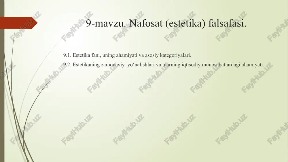 a yaqin sharq va markaziy osiyoda nizomiy, sa'diy, yusuf xos xojib, navoiy , behzod ijodida go'zallik va ezguliikning uyg'unligi ifoda etildi. 8 estetik tafakkurning paydo bo'lishi, shakllanishi va taraqqiyoti islom estetikasi tafsir me'morchilik jimjimador naqshlar yozuvlar adabiyot she'riyat sharh kitoblari musiqa minnatyura san'ati estetik ong va uning unsurlari estetik ong - ma'naviy – ruhiy voqea-hodisalar majmui bo'lib. ular ijtimoiy hayot zaminida vujudga keladigan estetik did, estetik fikr, estetik orzu, estetik qarash, estetik nazariya zaminida , u bilan mutanosib tarzda o'zgarib, rivojlanib, takomillashib boradi. estetik ehtiyoj - voqelikdagi narsa va xodisalar o'zlashtirish, ulardan foydalanish zaruriyatidan kelib chiqadi. estetik munosabat - sub'ekt va ob'ekt o'rtasidagi o'ziga xos aloqalar tizimi hisoblanadi. estetik tuyg'u -murakkab ijtimoiy hodisa sifatida nafosat, hamohanglik, ohang, shakllar, uyg'unlik, moslik kabilar bilan birga shodlik, hayratlanish, ajablanish, rohatlanish, lazzatlanish, ehtirom, shavq-zavq, nafrat kabi tushunchalarni qamrab oladi. estetik did –insoninng fikr-mulohazalari, xulq-atvori, hatti-harakat moddiy va ma'naviy ijodkorligi orqali namoyon bo'ladi. estetik ob'ekt …