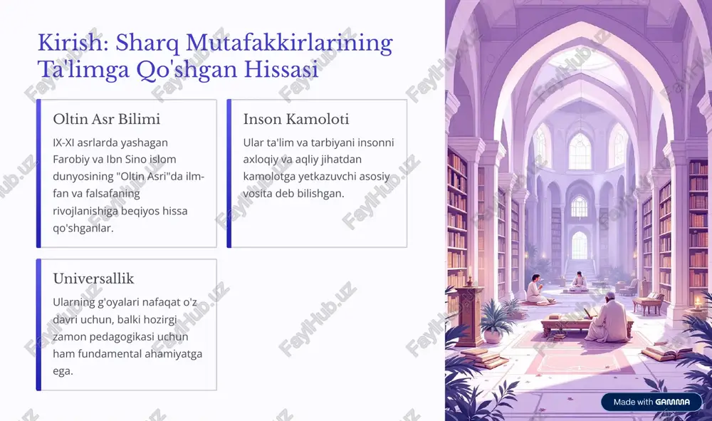 "fozil odamlar shahri" asarida ta'kidlanishicha, ta'limning asosiy maqsadi 4 komil insonni tarbiyalashdir. bu inson shaxsiy manfaatlardan ko'ra, jamoa manfaatini ustun qo'yishi kerak. axloqiy tarbiya aqliy tarbiyadan ustun turadi. fazilatli bo'lishni o'rgatish orqali baxtga erishish mumkin. yaxshi odatlar takrorlash orqali shakllanadi (amaliy tarbiya). https://gamma.app/?utm_source=made-with-gamma abu ali ibn sino: "tabobat qonunlari"dagi ta'lim unsurlari ad-durar al-mansur ibn sino bolalar tarbiyasi va maktab yoshi haqidagi muhim fikrlarini o'zining falsafiy va tibbiy asarlarida ham, xususan, "tabobat qonunlari"da ham bayon etgan. abu ali ibn sino (980-1037) o'zining keng qamrovli asarlari orqali tibbiyot va falsafa sohalarida iz qoldirgan. uning pedagogik g'oyalari psixologik va fiziologik asoslarga ega edi. ta'lim jarayonini inson organizmining yosh xususiyatlari bilan bog'lagan. jismoniy va aqliy tarbiyaning o'zaro muvofiqligiga alohida e'tibor qaratgan. o'qitishda shaxsiy yondashuv tarafdori bo'lgan. https://gamma.app/?utm_source=made-with-gamma ibn sinoning bolalar ta'limi va o'qitish metodlari ibn sino bolani 6 yoshdan maktabga berishni tavsiya qilgan va ta'limning turli bosqichlari uchun aniq ko'rsatmalar bergan. yoshga moslik ta'limni …