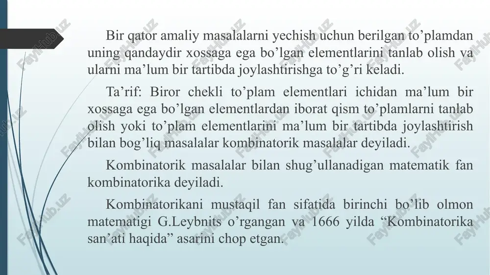 mani tarqatishni ifodalasin. unda m(α)=10 va m(β)=9, chunki bitta talabaga i yo’llanma berilganda ii yo’llanmaga 9 talaba da’vogar bo’ladi. demak, ikkita yo’llanmani tarqatishlar soni m(α va β) = 10*9=90 bo’ladi. umumiy holda α1, α 2, …., αn tanlovlarni mos ravishda m(α1), m(α ), …., m (αn) usullarda amalga oshirish mumkin bo’lsa, m(α1 yoki α2 yoki….yoki αn ) = m(α1)+ m(α2 )+…+m(αn), m(α1 va α2 va…. va αn ) = m(α1) * m(α2 ) *…* m(αn) formulalar o’rinli bo’ladi. kombinatsiya – bu kombinatorikaning asosiy tushunchasidir. bu tushuncha yordamida ixtiyoriy to’plamning qandaydir sondagi elementlaridan tashkil topgan tuzilmalar ifodalanadi. kombinatorikada bunday tuzilmalarning o‘rin almashtirishlar, o‘rinlashtirishlar va guruhlashlar deb ataluvchi asosiy ko’rinishlari o’rganiladi. o‘rin almashtirishlar. kombinatorik masalalarni yechishda keng qo’llaniladigan tushunchalar bilan tanishishni boshlaymiz. ta’rif: chekli va n ta elementdan iborat to’plamning barcha elementlarini faqat joylashish tartibini o’zgartirib qism to’plam hosil qilish n elementli o‘rin almashtirish deb ataladi. teorema: n ta elementdan o’rin almashtirishlar …