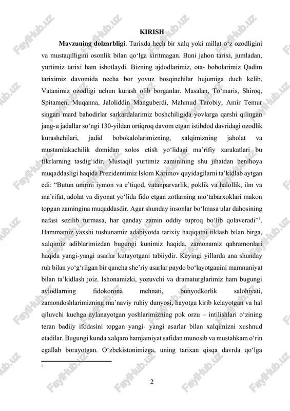 ni tiklash bilan birga, xalqimiz adiblarimizdan bugungi kunimiz haqida, zamonamiz qahramonlari haqida yangi-yangi asarlar kutayotgani tabiiydir. keyingi yillarda ana shunday ruh bilan yo‘g‘rilgan bir qancha she’riy asarlar paydo bo‘layotganini mamnuniyat bilan ta’kidlash joiz. ishonamizki, yozuvchi va dramaturglarimiz ham bugungi avlodlarning fidokorona mehnati, bunyodkorlik salohiyati, zamondoshlarimizning ma’naviy ruhiy dunyosi, hayotga kirib kelayotgan va hal qiluvchi kuchga aylanayotgan yoshlarimizning pok orzu – intilishlari o‘zining teran badiiy ifodasini topgan yangi- yangi asarlar bilan xalqimizni xushnud etadilar. bugungi kunda xalqaro hamjamiyat safidan munosib va mustahkam o‘rin egallab borayotgan. o‘zbekistonimizga, uning tarixan qisqa davrda qo‘lga kiritgan ulkan marralariga, el-yurtimizning ma`naviy ildizlari , urf-odat va an’analariga, bir so‘z bilan aytganda, o‘zbek xarakteri, o‘zbek tabiatiga butun dunyoda qiziqish va hurmat tobora ortib bormoqda. tabiiyki, uzoq- yaqindagi xorijiy do‘st-u birodarlarimiz jahon jamoatchiligi eng avvalo bizning zamonaviy adabiyotimiz san’atiz orqali o‘zlarini qiziqtiradigan ana shunday savollarga javob topishni istaydi. agar biz o‘zbekistonimizni dunyoga tarannum etmoqchi, uning qadimiy tarixi va yorug‘ …