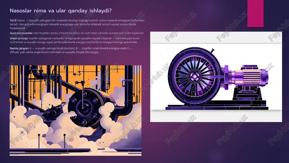 anchasi foydali gidravlik ishga aylanayotganini bildiradi. formulasi: η = (hydraulic power) / (input power). yaxshi nasoslarning samaradorligi 60–90% oralig‘ida bo‘ladi, bu nasos turiga va ishlash nuqtasiga bog‘liq. samaradorlikni o‘lchash usullari: oqim va boshni aniqlab, gidravlik quvvatni hisoblash (ρ g h q). elektr quvvat isteʼmoli (voltage, current, cosφ) o‘lchanadi va yo‘qotishlar bilan solishtiriladi. test stendlarda q-h-η xaritalari yaratiladi — butun ish diapazonida samaradorlik tahlili. amaliy maslahat: nasosning maksimal samaradorlik nuqtasida (best efficiency point, bep) ishlashi tavsiya etiladi. doimiy rejimdan uzoqlashishga ruxsat bermaslik — vibratsiya va mexanik eskirish oshadi. eslatma: #a95b95 rangli markerlarni bep va tavsiya etilgan ish oralig‘i uchun ishlating. 4 npsh (net positive suction head) ning ahamiyati npsh-ning taʼriflari: npsh available (npsha) — nasosning kirish qismidagi suyuqlikning bug‘lanmasdan qolishi uchun mavjud bo‘lgan samarali bosim balansi (m). npsh required (npshr) — nasos ishlab chiqaruvchisi tomonidan minimal talab qilingan qiymat, nasos kavitatsiyasiz ishlashi uchun kerak. muvozanat: npsha > npshr bo‘lishi shart; aks …