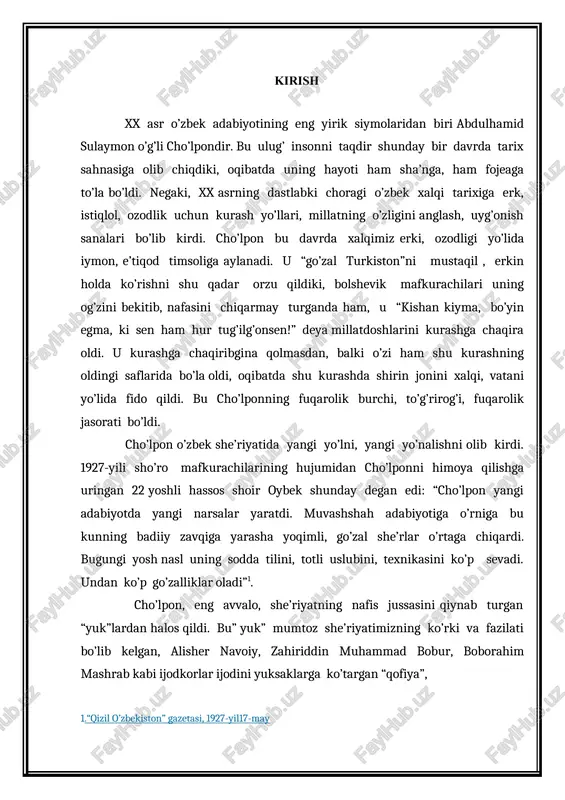 mizning ko’rki va fazilati bo’lib kelgan, alisher navoiy, zahiriddin muhammad bobur, boborahim mashrab kabi ijodkorlar ijodini yuksaklarga ko’targan “qofiya”, 1.“qizil o’zbekiston” gazetasi, 1927-yil17-may “radif” kabi she’riyat “kishan”lariga asir aruz vazniga xos “eski usul” edi. cho’lpon aruzda emas, boshqa vaznda erkin, yengil, samimiy, zamonaviy, ehtirosli she’rlar yozish mumkinligini angladi, bu zamonning talabi, ehtiyoji edi. shu sababli uning she’riyati bevosita “yurak qolipi”da quyulgan erkin so’zlardan tashkil topdi. cho’lpon aruzni “ eski usul” deb atab unga rag’bat bildirmagan ekan, bu uning aruzni butunlay inkor etgan degani emas edi. garchi u o’zini “aruzdan bebahra cho’lpon” deb atagan bo’lsa-da, bu avznda ham go’zal g’azallar yaratdi. biroq u yangi zamon adabiyoti asosan barmoq vaznida yaratilishi mumkinligini birinchi bo’lib teran his eta oldi. cho’lpon vaznnigina isloh etib qolmadi. uning she’riyati ruhan ham butunlay yangi edi. cho’lpon she’riyatiga zamonning katta-kichik voqealari, xalq dardi, orzu-armonlari, intilishlari bevosita mavzu bo’lib kirdi. demak, uning she’riyati xx asr ijtimoiy hayoti bilan, ya’ni …