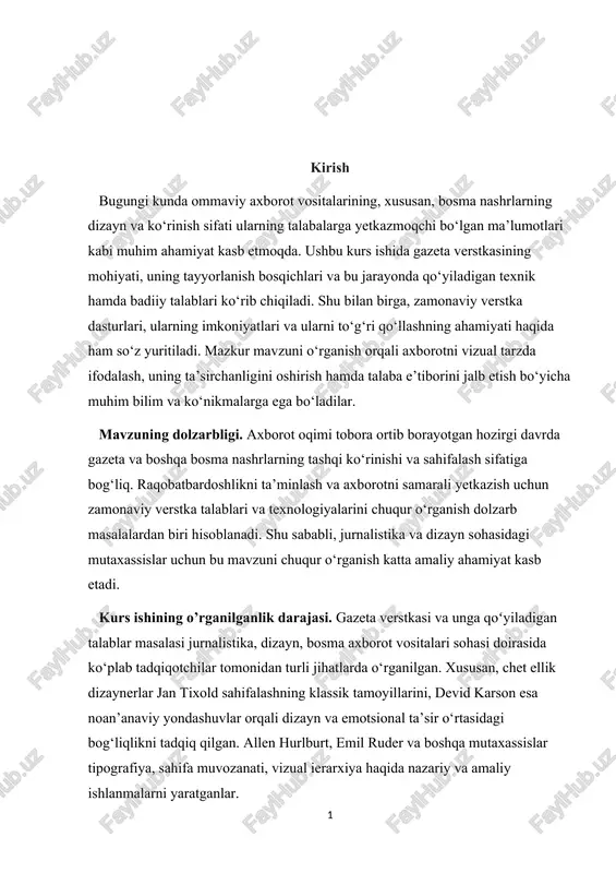 a amaliy ahamiyat kasb etadi. kurs ishining o’rganilganlik darajasi. gazeta verstkasi va unga qoʻyiladigan talablar masalasi jurnalistika, dizayn, bosma axborot vositalari sohasi doirasida ko‘plab tadqiqotchilar tomonidan turli jihatlarda o‘rganilgan. xususan, chet ellik dizaynerlar jan tixold sahifalashning klassik tamoyillarini, devid karson esa noan’anaviy yondashuvlar orqali dizayn va emotsional ta’sir o‘rtasidagi bog‘liqlikni tadqiq qilgan. allen hurlburt, emil ruder va boshqa mutaxassislar tipografiya, sahifa muvozanati, vizual ierarxiya haqida nazariy va amaliy ishlanmalarni yaratganlar. o’zbekistonda esa nashriyot ishi, jurnalistika maketlashuvi va verstka bo‘yicha alohida tadqiqotlar ham mavjud. jumladan, o‘zbekiston milliy universiteti va boshqa oliygohlarida jurnalistika va bosma axborot vositalari dizayniga doir ma’ruzalar, o‘quv qo‘llanmalar ishlab chiqilgan. biroq, mavjud adabiyotlarda zamonaviy dasturiy vositalardan foydalanish, multimedia elementlari bilan uyg‘unlashtirilgan verstka yondashuvlari, talaba psixologiyasi asosida sahifalash kabi jihatlar yetarlicha chuqur tadqiq etilmagan. ayniqsa, raqamli davrda gazeta dizaynini bosma va onlayn formatda integratsiyalash masalasi kam yoritilgan. shu boisdan mazkur kurs ishi gazeta verstkasining texnologik va dizayn tamoyillarini zamonaviy …