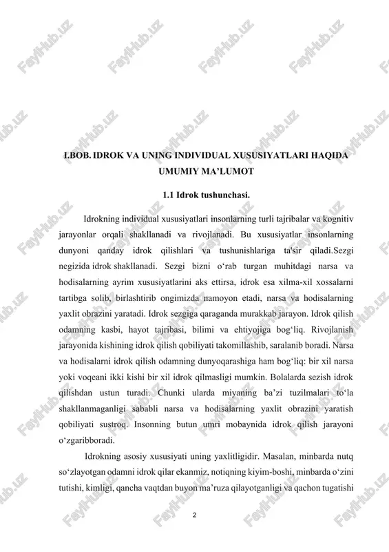 ir xil narsa yoki voqeani ikki kishi bir xil idrok qilmasligi mumkin. bolalarda sezish idrok qilishdan ustun turadi. chunki ularda miyaning ba’zi tuzilmalari to‘la shakllanmaganligi sababli narsa va hodisalarning yaxlit obrazini yaratish qobiliyati sustroq. insonning butun umri mobaynida idrok qilish jarayoni o‘zgaribboradi. idrokning asosiy xususiyati uning yaxlitligidir. masalan, minbarda nutq so‘zlayotgan odamni idrok qilar ekanmiz, notiqning kiyim-boshi, minbarda o‘zini tutishi, kimligi, qancha vaqtdan buyon ma’ruza qilayotganligi va qachon tugatishi va hokazolarni umumlashtirib, u odamning ongimizda yaxlit obrazini yaratamiz, ya’ni idrok qilamiz. biror narsa va hodisani yoki odamlarni idrok qilishda avvalgi tajribamiz muhim ahamiyat kasb etadi, ya’ni tajriba idrok etishni osonlashtiradi. masalan, biz hayvonot bog‘iga borganimizda, avval ko‘rmagan hayvon yoki qushlarga sinchkovlik bilan nazar tashlaymiz, ularning barcha xususiyatlarini o‘rganib idrok qilamiz. keyingi gal borganimizda esa ularni idrok qilishimiz ancha osonlashadi. idrok qilish ehtiyoj, mayl va istaklarga ham uzviy bog‘liq. har qanday idrok saralash bosqichini o‘taydi. masalan, biz o‘zimiz uchun ahamiyatsiz bo‘lgan …