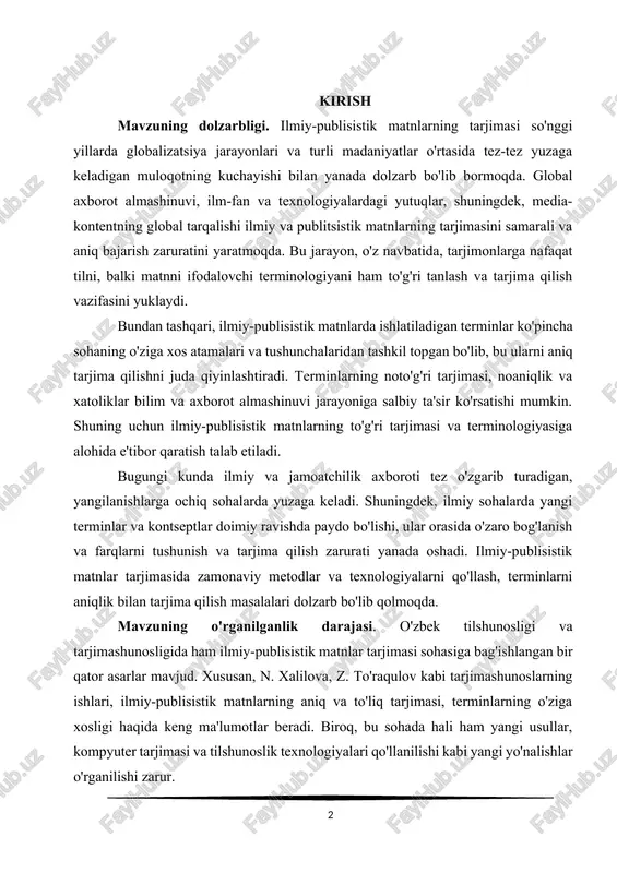 . shuning uchun ilmiy-publisistik matnlarning to'g'ri tarjimasi va terminologiyasiga alohida e'tibor qaratish talab etiladi. bugungi kunda ilmiy va jamoatchilik axboroti tez o'zgarib turadigan, yangilanishlarga ochiq sohalarda yuzaga keladi. shuningdek, ilmiy sohalarda yangi terminlar va kontseptlar doimiy ravishda paydo bo'lishi, ular orasida o'zaro bog'lanish va farqlarni tushunish va tarjima qilish zarurati yanada oshadi. ilmiy-publisistik matnlar tarjimasida zamonaviy metodlar va texnologiyalarni qo'llash, terminlarni aniqlik bilan tarjima qilish masalalari dolzarb bo'lib qolmoqda. mavzuning o'rganilganlik darajasi. o'zbek tilshunosligi va tarjimashunosligida ham ilmiy-publisistik matnlar tarjimasi sohasiga bag'ishlangan bir qator asarlar mavjud. xususan, n. xalilova, z. to'raqulov kabi tarjimashunoslarning ishlari, ilmiy-publisistik matnlarning aniq va to'liq tarjimasi, terminlarning o'ziga xosligi haqida keng ma'lumotlar beradi. biroq, bu sohada hali ham yangi usullar, kompyuter tarjimasi va tilshunoslik texnologiyalari qo'llanilishi kabi yangi yo'nalishlar o'rganilishi zarur. terminologiya bo'yicha izlanishlar asosan tilshunoslik, terminologiya nazariyasi va tarjimashunoslik kabi sohalar bilan bog'liq. ilmiy-publisistik matnlarda ishlatiladigan terminlar va atamalar ko'plab tillarda o'ziga xos, doimiy yangilanib …