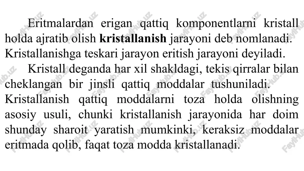 yin to’yingan eritma qoladi. sanoat texnologik jarayoni 3 bosqichdan iborat: 1) kristallanish; 2) kristallarni eritmalardan ajratish; 3) kristallarni yuvish va quritish. kristallanish statikasi va kinetikasi jarayon statikasi. temperatura ortishi bilan qattiq moddalar eruvchanligi o’zgarishiga qarab «musbat» yoki «manfiy» eruvchanlikka ega bo‘lishi mumkin. agar temperatura o‘sishi bilan moddalar eruvchanligi ortsa, unda «musbat», aksincha bo’lsa «manfiy» eruvchanlikli bo‘ladi. ma’lum temperaturada qattiq faza bilan muvozanatda bo‘lgan eritma to‘yingan eritma deb nomlanadi. bunday eritmalarda qattiq modda va eritma o‘rtasida dinamik muvozanat holati mavjuddir. erigan modda konsentratsiyasi uning eruvchanligidan katta bo‘lgan aralashmalarga o‘ta to‘yingan eritmalar deb nomlanadi. o‘ta to‘yingan eritmalar noturg‘un bo‘ladi va to‘yingan holatga oson o‘tadi. bunday o‘tish davrida o’ta to‘yingan eritmalardan kristallar ajralib chiqadi. kristallanish usullari kristallanish jarayonini davriy va uzluksiz tashkil etish mumkin. davriy kristallanish jarayoni kam tonnajli. uzluksiz esa – ko‘p tonnajli ishlab chiqarishda qo‘llaniladi. sanoat miqyosida quyidagi kristallanish usullaridan fovdalanadi: eritmalardagi erituvchining bir qismini bug‘latish; eritma temperaturasini o‘zgartirib kristallash; kombinatsiyalangan …