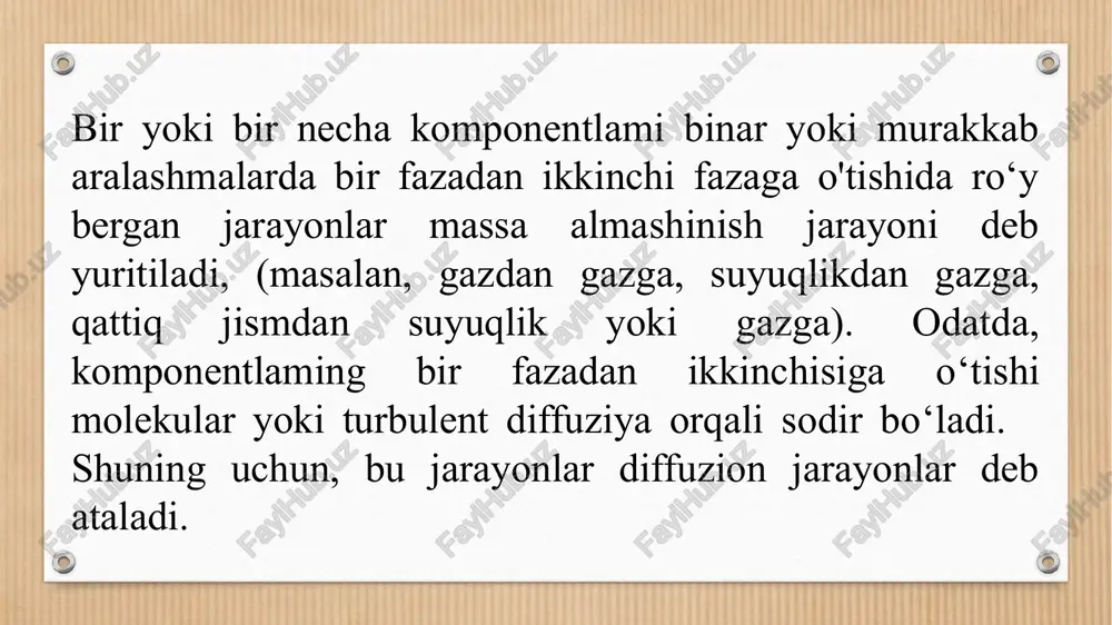 ta’sirida olib borilib, komponentlarning qaynash temperaturasi har xil bo‘lishiga asoslanadi. bu jarayon 2 xil bo‘ladi: oddiy haydash (distillash) va murakkab haydash (rektifikatsiya). shuni alohida ta’kidlash kerakki, bunda modda suyuq fazadan bug‘ga va bug‘dan suyuq fazaga o‘ladi. ekstraksiya - bu eritma yoki qattiq jismdan erituvchi yordamida bir yoki bir necha komponent ajratib olish jarayonidir. «suyuqlik-suyuqlik» sistemasida faol komponent bir suyuq fazadan ikkinchisiga o‘tadi. «qattiq jism - suyuqlik» sistemasida modda qattiq jismdan suyuq fazaga o‘tadi. bunday sistemada komponentning suyuq fazaga o‘lishi eritish jarayoni deb nomlanadi. adsorbsiya - bu gaz, bug‘ yoki suyuq aralashmalardan bir yoki bir necha komponentlami qattiq, g‘ovakli jism bilan yutilish jarayonidir. juda katta faol yuzaga ega qattiq jismlar adsorbentlar deb ataladi. ushbu jarayon sanoatning turli sohalarida ishlatiladi va gaz, bug‘ yoki suyuq aralashmalardan u yoki bu komponentni ajratib olish uchun xizmat qiladi. adsorbsiya jarayonida suyuq yoki gaz fazadagi komponent qattiq jismga o‘tadi. quritish - bu qattiq nam materiallami qizdirib …