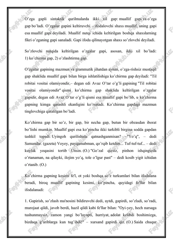 adi, so’radi, murojaat qildi, javob berdi, hazil qildi kabi fe'llar bilan: "oyi-yey, hech narsaga tushunmaysiz, zamon yangi bo’layapti, hurriyat, adolat kelibdi boshimizga, bizdaqa g’ariblarga kun tug’ibdi!" – xursand gapirdi qiz. (o.) saida chuqur taajjub bilan javob berdi: –kolxozda qoldirish-qoldirmaslik masalasini yuqori hal qiladida. (a.q.) saidaning haziliga qarshi kozimbek ham hazil qildi: – bilar ekasiz, bizning boboy ovqatlardan faqat palovni, rah6arlardan faqat o’rtoq qodirovni, dorilardan faqat pensillinni tan oladilar, – dedi. (a.q.) saida hayron bo’lib so’radi: – "byuro qaysi masalada sizning ra'yingizga qarshi ish qildi?" (a.q.) 2. so’zlash ma'nosi bilan bog’liq bo’lgan turli psixologik holatni ifodalovchi qichqirdi, baqirdi, chaqirdi, o’shqirdi, pichirladi, shivirladi, ogohlantirdi, talmovsiradi, tutaqdi, do’ng’illadi kabi fe'llar bilan: "ozib-to’zib ketibsiz", – deya shivirladi ziyoda (asq.m.) saida talmovsiradi: – "zulfiqorovning partiyadan chiqarilishiga qarshi emas-misiz?" (a.q.) qalandarov nazarov kolxozidan sozandalar, o’yinchi qizlar kelshiini xohlamay do’ngilladi: "bularning o’rniga tojixonni chaqirsangiz ham bo’lar edi. u ham o’yin biladi. (a.q.) saida malol kelgan bir alfozda: …