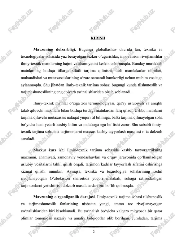 mazmuni, ahamiyati, zamonaviy yondashuvlari va o‘quv jarayonida qo‘llaniladigan uslubiy vositalarni tahlil qilish orqali, tarjimon kadrlar tayyorlash sifatini oshirishga xizmat qilishi mumkin. ayniqsa, texnika va texnologiya sohalarining izchil rivojlanayotgan o‘zbekiston sharoitida yuqori malakali, sohaga ixtisoslashgan tarjimonlarni yetishtirish dolzarb masalalardan biri bo‘lib qolmoqda. mavzuning o'rganilganlik darajasi. ilmiy-texnik tarjima sohasi tilshunoslik va tarjimashunoslik fanlarining nisbatan yangi, ammo tez rivojlanayotgan yo‘nalishlaridan biri hisoblanadi. bu yo‘nalish bo‘yicha xalqaro miqyosda bir qator olimlar tomonidan nazariy va amaliy tadqiqotlar olib borilgan. jumladan, tarjima nazariyasi, ilmiy uslub xususiyatlari, terminologiyaning o‘ziga xosliklari va tarjima sifati masalalari a. newmark, p. newmark, v.n. komissarov, l.s. barkhudarov, i.s. alekseeva, s. bassnett kabi yetuk olimlar tomonidan keng yoritilgan. o‘zbek tilshunosligida ham tarjimashunoslik sohasida ayrim muhim tadqiqotlar amalga oshirilgan. jumladan, a. madvaliyev, n. yo‘ldoshev, n. mahmudov, sh. raxmatullayev, z. jumayev, g. saidova, g. jo‘rayev kabi olimlar ilmiy uslub va tarjima jarayonining nazariy-metodik asoslari, terminlar tarjimasi va tarjimonning kasbiy tayyorgarligi kabi masalalarga e’tibor qaratgan. shu …