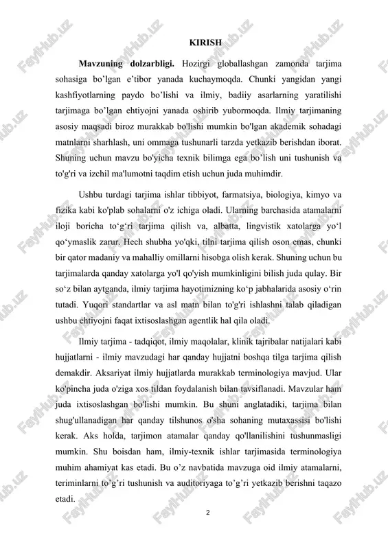 uda o'ziga xos tildan foydalanish bilan tavsiflanadi. mavzular ham juda ixtisoslashgan bo'lishi mumkin. bu shuni anglatadiki, tarjima bilan shug'ullanadigan har qanday tilshunos o'sha sohaning mutaxassisi bo'lishi kerak. aks holda, tarjimon atamalar qanday qo'llanilishini tushunmasligi mumkin. shu boisdan ham, ilmiy-texnik ishlar tarjimasida terminologiya muhim ahamiyat kas etadi. bu o’z navbatida mavzuga oid ilmiy atamalarni, teriminlarni to’g’ri tushunish va auditoriyaga to’g’ri yetkazib berishni taqazo etadi. kurs ishining maqsadi va vazifalari. ilmiy-texnik matnlar bilan ishlashda terminlar tarjimasiga alohida e’tibor berish, ilmiy-texnik atamalarning muqobil tarjimasini topish usullari bilan tanishishdan iborat. ushbu maqsadga erishish uchun quyidagi vazifalarni amalga oshirish lozim: · ilmiy-texnik tarjima va uning o’ziga xos xususiyatlarini o’rganish; · ilmiy matnlardagi terminlar tarjimasi bilan ishlash; · terminlarni tarjima qilish usullari bilan tanishish. mavzuning obyekti va predmeti. ushbu kurs ishini yozishda terminlar tarjimasiga doir hujjatlar va olimlarning ilmiy ishlari o’rganib chiqildi. mavzuning nazariy ahamiyati. kurs ishining nazariy ahamiyati bugungi kunda ilmiy-texnik tarjimasi sohasida tarjimon tomonidan …