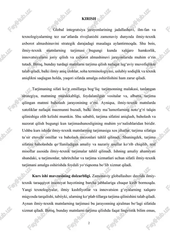 ini aniqlash, baholash va nazorat qilish bugungi kun tarjimashunosligining muhim yo‘nalishlaridan biridir. ushbu kurs ishida ilmiy-texnik matnlarning tarjimasiga xos jihatlar, tarjima sifatiga ta’sir etuvchi omillar va baholash mezonlari tahlil qilinadi. shuningdek, tarjima sifatini baholashda qo‘llaniladigan amaliy va nazariy usullar ko‘rib chiqilib, real misollar asosida ilmiy-texnik tarjimalar tahlil qilinadi. ishning amaliy ahamiyati shundaki, u tarjimonlar, tahrirchilar va tarjima xizmatlari uchun sifatli ilmiy-texnik tarjimani amalga oshirishda foydali yo‘riqnoma bo‘lib xizmat qiladi. kurs ishi mavzusining dolzarbligi. zamonaviy globallashuv davrida ilmiy-texnik taraqqiyot insoniyat hayotining barcha jabhalariga chuqur kirib bormoqda. yangi texnologiyalar, ilmiy kashfiyotlar va innovatsion g‘oyalarning xalqaro miqyosda tarqalishi, tabiiyki, ularning ko‘plab tillarga tarjima qilinishini talab qiladi. aynan ilmiy-texnik matnlarning tarjimasi bu jarayonning ajralmas bo‘lagi sifatida xizmat qiladi. biroq, bunday matnlarni tarjima qilishda faqat lingvistik bilim emas, balki tegishli soha bo‘yicha texnik, uslubiy va mantiqiy aniqlikni ta’minlay oladigan chuqur kompetensiya zarur bo‘ladi. muammoning o‘rganilganlik darajasi. ilmiy-texnik tarjimalar sohasida sifatni baholash muammosi tarjimashunoslikda dolzarb va …