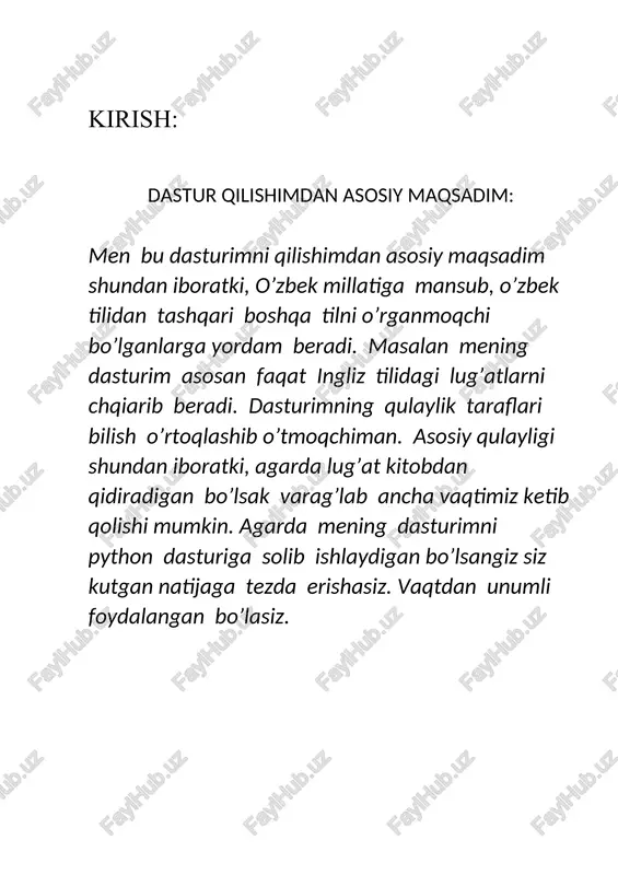berishga qaratilga . shuningdek python sunʼiy intellekt hamda maʼlumotlar muhandisiligi sohalarining tili hisoblanadi. deyarli barcha platformalarda ishlay oladi, xususan windows, linux, mac os x, palm os, mac os va boshqalar shular jumlasidandir. python microsoft.net platformasi uchun yozilgan realizatsiyasi ham mavjud boʻlib, uning nomi — ironpython dasturlash muhitidir. 1. nazariy qism 1.1 python dasturlash tili va uning imkoniyatlari python-bu o'rganishga oson va shu bilan birga imkoniyatlari yuqori bo'lgan oz sonlik zamonaviy dasturlash tillari qatoriga kiradi. python-yuqori darajadagi ma'lumotlar strukturasi va oddiy lekin samarador obyektga yo'naltirilgan dasturlash uslublarini taqdim etadi. pythonning o'ziga xosligi oddiy, o'rganishga oson, sodda sintaksisga ega, dasturlashni boshlash uchun qulay, erkin va ochiq kodlik dasturiy ta'minot. dasturni yozish davomida quyi darajadagi detallarni, misol uchun xotirani boshqarishni hisobga olish shart emas. ko'plab platformalarda hech qanday o'zgartirishlarsiz ishlay oladi. interpretatsiya(interpretiruemiy) qilinadigan til. kengayishga (rasshiryaemiy) moyil til. agar dastur ni biror joyini tezroq ishlashini xoxlasakshu qismni c yoki c++ dasturlash tillarida yozib …