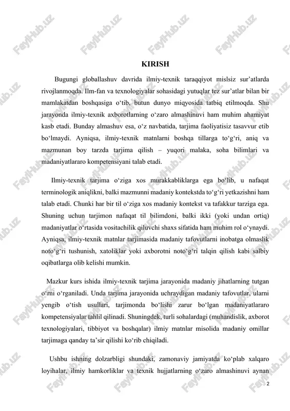 daniy tafovutlar, ularni yengib o‘tish usullari, tarjimonda bo‘lishi zarur bo‘lgan madaniyatlararo kompetensiyalar tahlil qilinadi. shuningdek, turli sohalardagi (muhandislik, axborot texnologiyalari, tibbiyot va boshqalar) ilmiy matnlar misolida madaniy omillar tarjimaga qanday ta’sir qilishi ko‘rib chiqiladi. ushbu ishning dolzarbligi shundaki, zamonaviy jamiyatda ko‘plab xalqaro loyihalar, ilmiy hamkorliklar va texnik hujjatlarning o‘zaro almashinuvi aynan sifatli tarjima orqali amalga oshiriladi. tarjimada madaniy jihatlarning e’tiborga olinishi esa ushbu almashuvning muvaffaqiyatli kechishini ta’minlaydi. mazkur kurs ishining dolzarbligi: ilmiy-texnik tarjima zamonaviy global axborot almashinuvi jarayonining ajralmas tarkibiy qismiga aylangan. fan, texnika, tibbiyot, axborot texnologiyalari kabi sohalardagi yutuqlarning xalqaro miqyosda tarqalishi bevosita sifatli tarjima jarayoniga bog‘liqdir. biroq tarjima nafaqat tilshunoslik jarayoni, balki madaniy tafovutlarni hisobga oluvchi murakkab kommunikativ faoliyatdir. har bir til va jamiyat o‘ziga xos madaniy kontekstga ega bo‘lgani uchun, ilmiy-texnik matnlarni tarjima qilishda faqat til qoidalariga asoslanish yetarli emas. ayniqsa, ingliz, nemis, fransuz kabi rivojlangan mamlakatlarning ilmiy va texnik matnlarini o‘zbek tiliga tarjima qilishda yoki aksincha, …