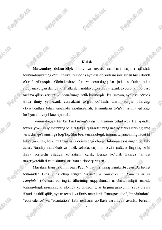 m e’tibor qaratgan. masalan, fransuz olimi jean-paul vinay va uning hamkasbi jean darbelnet tomonidan 1958 yilda chop etilgan "stylistique comparée du français et de l'anglais" (fransuz va ingliz tillarining taqqoslamali uslubshunosligi) asarida terminologik muammolar alohida ko‘tariladi. ular tarjima jarayonini strukturaviy jihatdan tahlil qilib, aynan texnik va ilmiy matnlarda "transposition", "modulation", "equivalence" va "adaptation" kabi usullarni qo‘llash zarurligini asoslab bergan. ularning ta’kidlashicha, texnik matnlarni tarjima qilishda faqat so‘zma-so‘z yondashuv emas, balki kontekstual moslik, uslubiy va semantik moslashtirishlar muhim ahamiyat kasb etadi. ular terminlarning tarjimasida "ekvivalentlikka erishish har doim so‘z bir so‘zga teng degani emas, balki tushuncha bir tushunchaga mos bo‘lishi lozim" degan prinsipni ilgari surgan. zamonaviy fransuz tilshunosi daniel gouadec ham tarjima nazariyasiga zamonaviy yondashuv olib kirgan olimdir. uning fikricha, texnik tarjimalarda tarjimon “lingvist emas, balki ko‘p hollarda texnologik vositachi” sifatida harakat qiladi. u tarjimonning terminologik tayyorgarligini yuqori darajaga ko‘tarishni tavsiya qiladi, ayniqsa fransuz tilida yaratilgan ilmiy-texnik hujjatlar o‘zbek tiliga tarjima …
