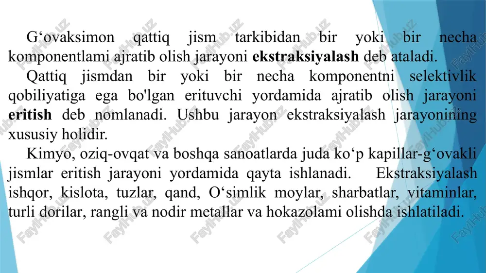 . undan tashqari. suv va ayrim noorganik kislotalarning eritmalari ham erituvchi sifatida ishlatiladi. bunday jarayonlar ishqorlanish deb nomlanadi. ishqorlanish mineral xomashyolarni kimyoviy qayta ishlash yooli bilan qimatbaho komponentlarni olish uchun qo‘llaniladi. eritish jarayoni texnologik sxemalarida filtrlash, bug‘latish va kristallash kabi jarayonlardan avval ishlatiladi va u birinchi bosqich bo‘lib hisoblanadi. eritish jarayoni statikasi va kinetikasi jarayonning mexanizmi shundaki, erituvchi qattiq jism g‘ovaklariga kirib boradi va ajratilishi kerak bo‘gan moddani eritadi. eritilgan moddaning kimyoviy potensiali va uning qattiq jismdagi kimyoviy potensialiga tenglashganda erish jarayoni muvozanat holiga keladi. to‘yinish holatiga oid eritmaning konsentratsiyasi eruvchanlik deb ataladi. qattiq jismning tashqi yuzasidagi muvozanat qisqa vaqt ichida ornatiladi. shuning uchun, massa almashinish jarayonlarni tahlil qilishda, «qattiq jism - erituvchi» sistemasining fazalararo yuzasidagi konsentratsiyasi to‘yingan eritma konsentratsiyasi uioy ga teng deb qabul qilinadi eritish jarayoni kinetikasining asosiy masalasi fazalarning o‘zaro to‘qnashish vaqtini aniqlashdir. fazalar to‘qnashish vaqti ma’lum bo‘lgandan so’ng. ekstraktorlarning asosiy o‘lchamlari hisoblanadi. eritish jarayonida massa almashinishga …